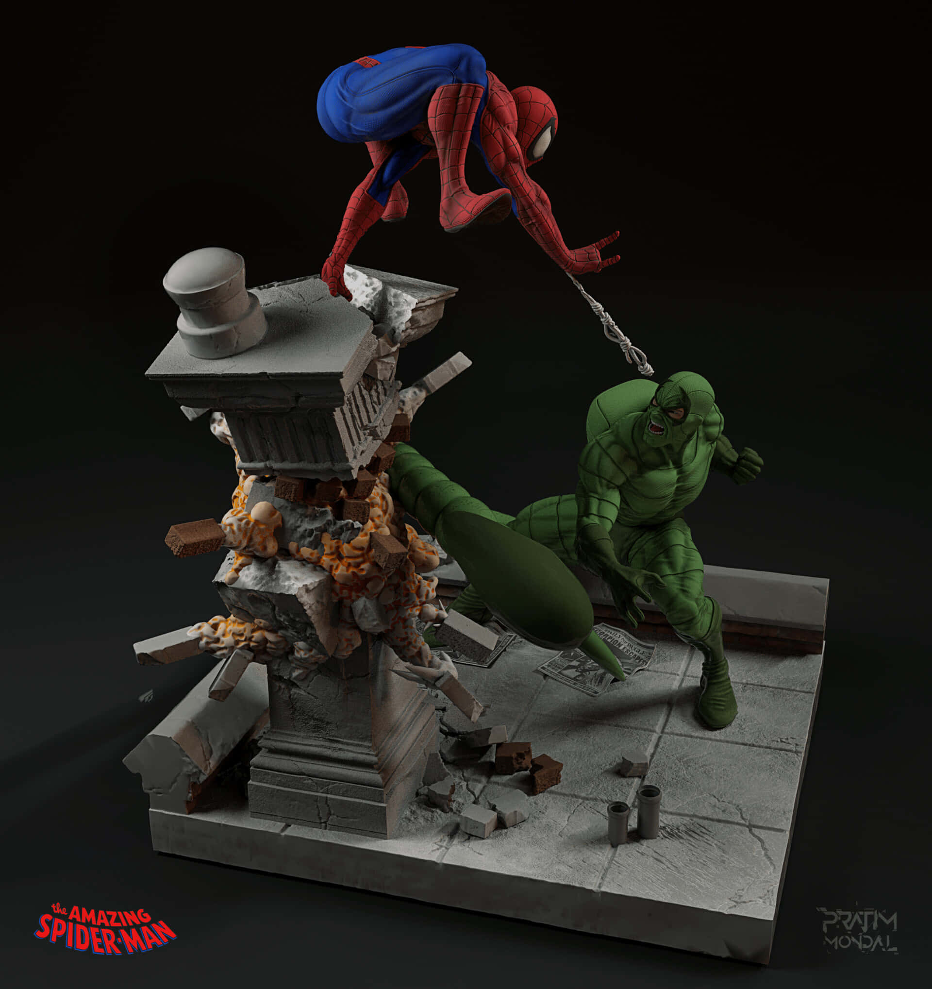 The Scorpion 桌布 壁紙 — 蜘蛛人盪著蜘蛛絲衝向從 crumbling 石基座上撲來的綠惡魔。