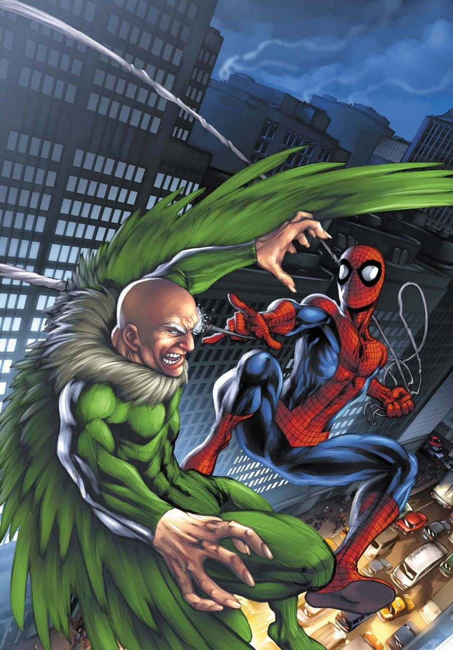 The Vulture 桌布 壁紙 — 蜘蛛人穿梭城市天際，與綠惡魔展開一場動感漫畫動作場景。