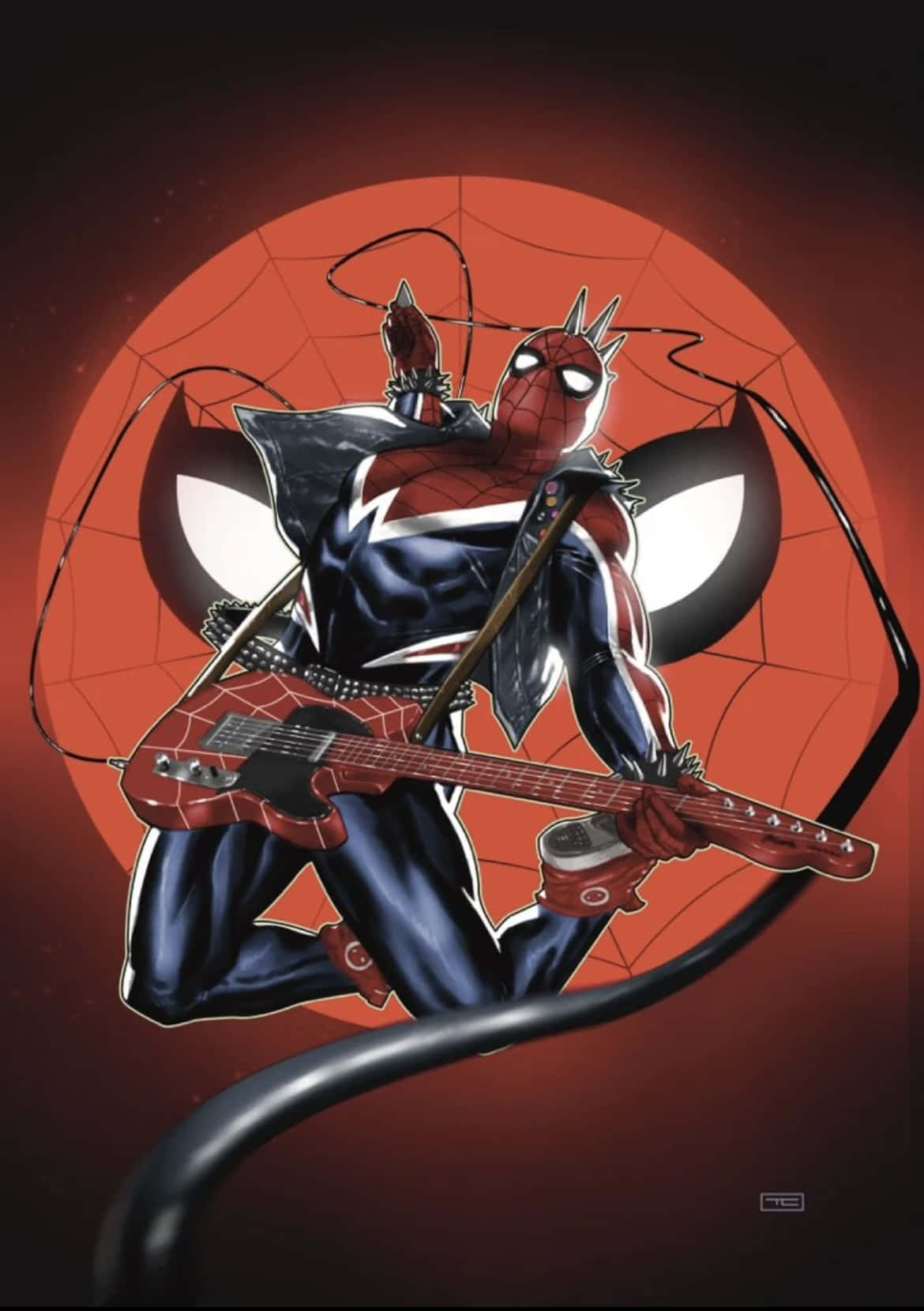 Superior Spider-man 桌布 壁紙 — 蜘蛛人穿著帶有尖刺的服裝，在發光的橙色蜘蛛網圖案圓圈前彈奏紅色電吉他。