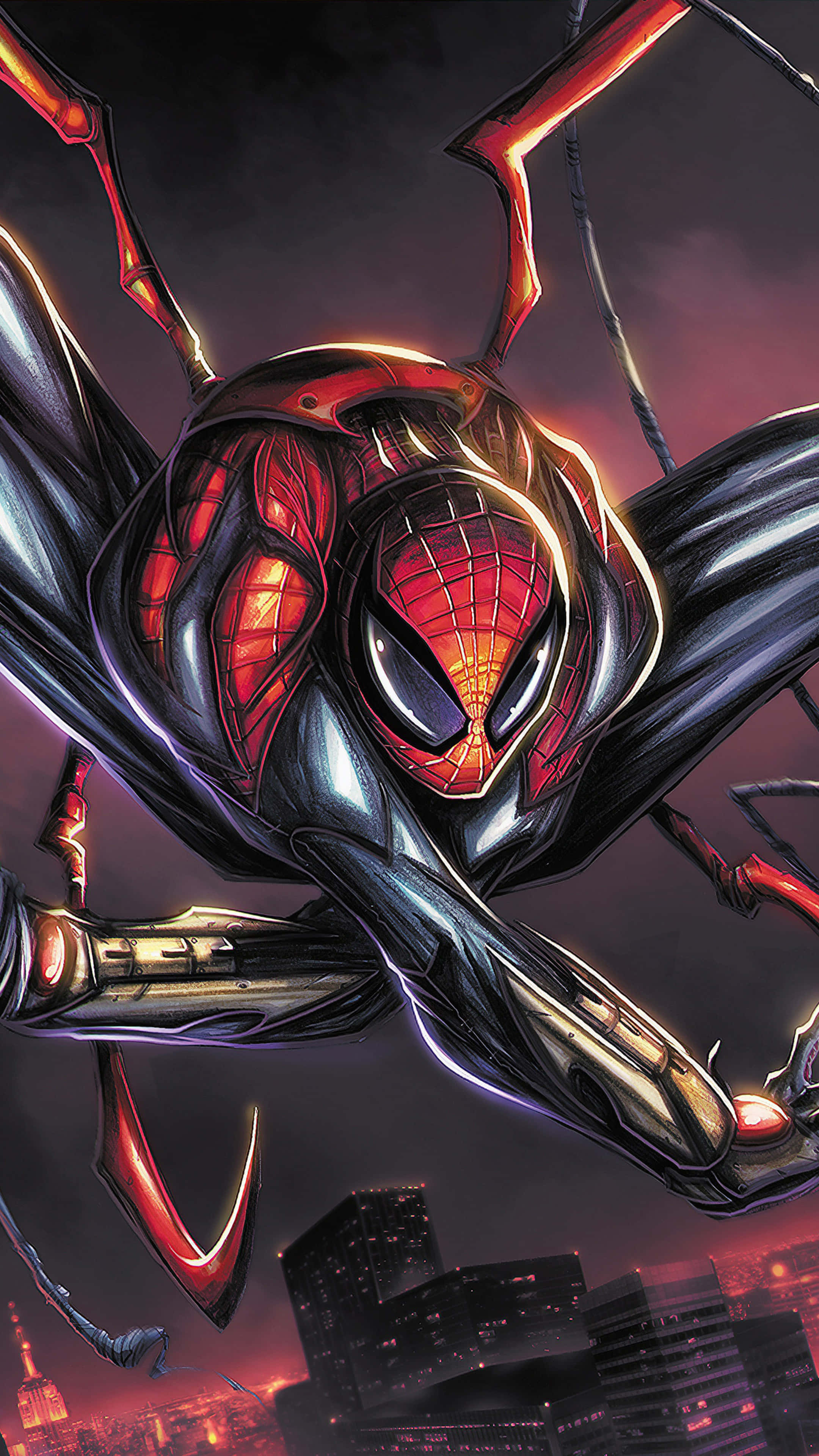Superior Spider-man 桌布 壁紙 — 蜘蛛人穿著時尚的黑色和紅色戰衣，在黃昏時分動態地擺盪在發光的城市景觀之上。
