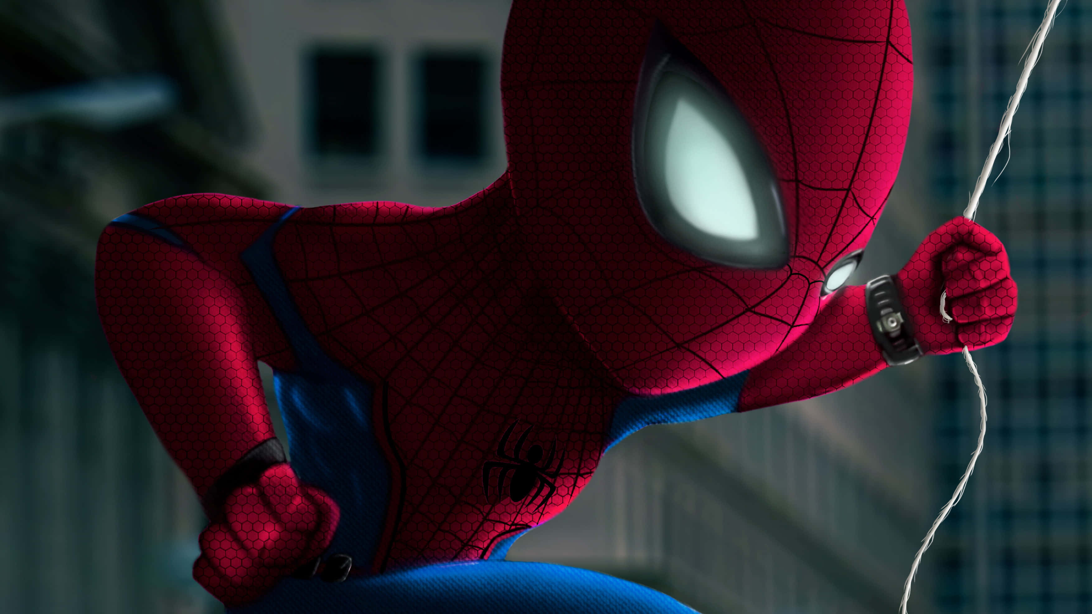 Spider-man Web Slinging 桌布 壁紙 — 蜘蛛人穿著標誌性的紅藍戰衣，啟動蛛網發射器，在城市景觀中擺盪。