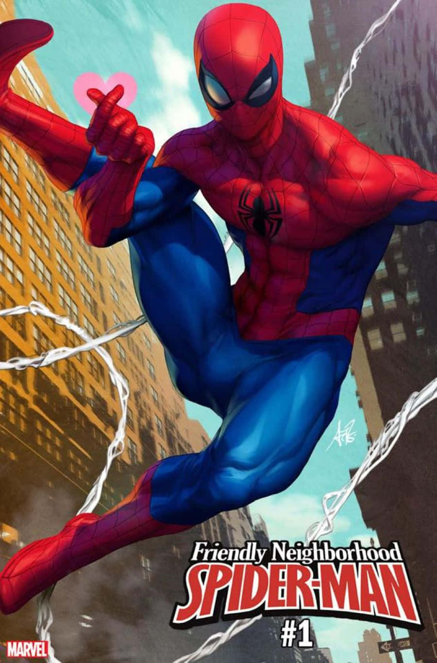 Friendly Neighborhood Spider-man 桌布 壁紙 — 蜘蛛人穿著標誌性的紅藍戰衣，在陽光普照的城市景觀中擺盪，身後拖著蛛網線。
