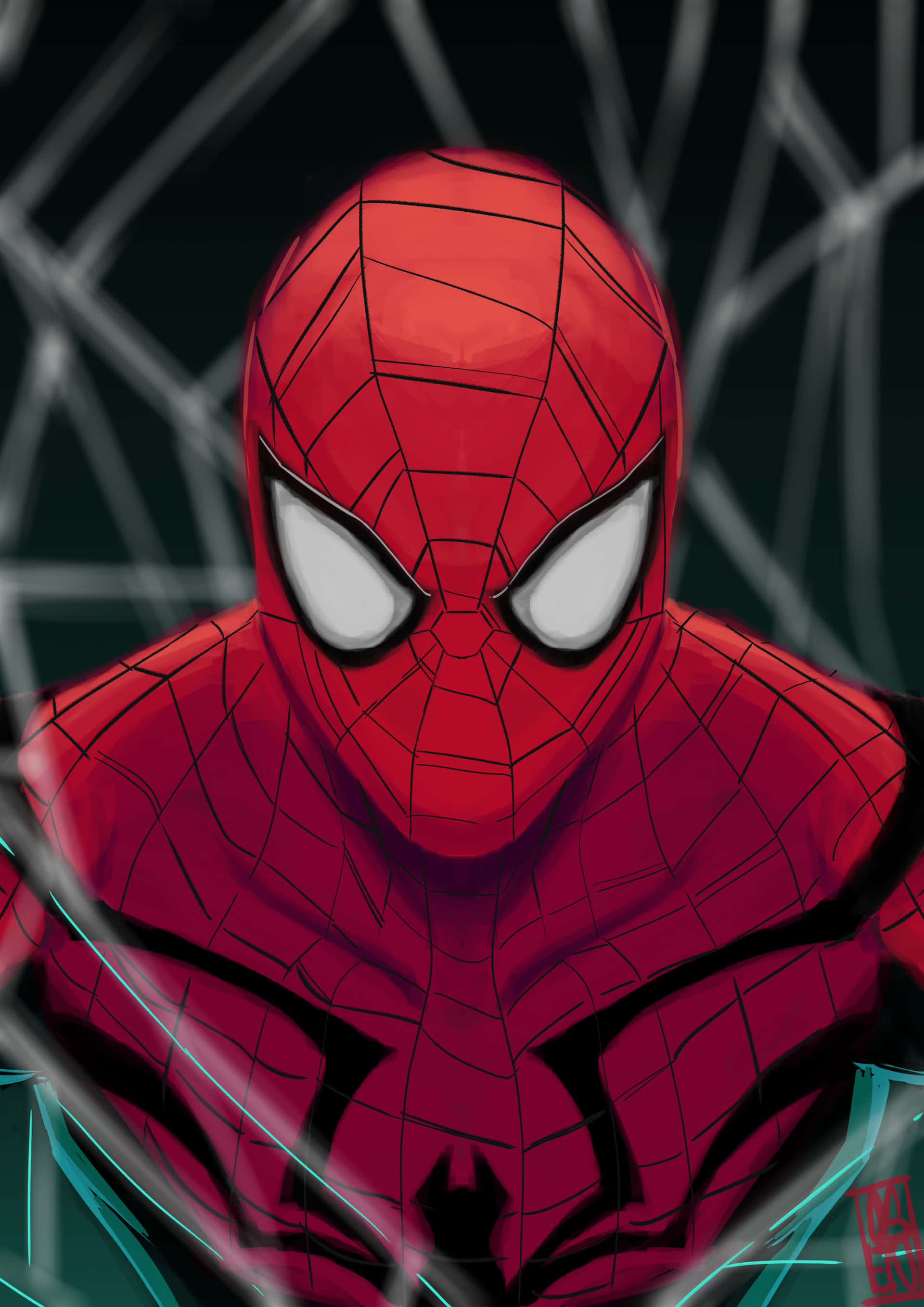 Superior Spider-man 桌布 壁紙 — 蜘蛛人穿著標誌性紅色戰衣、白色眼睛和黑色蛛網圖案的近距離特寫，在黑暗背景下由發光藍色蛛網框住。