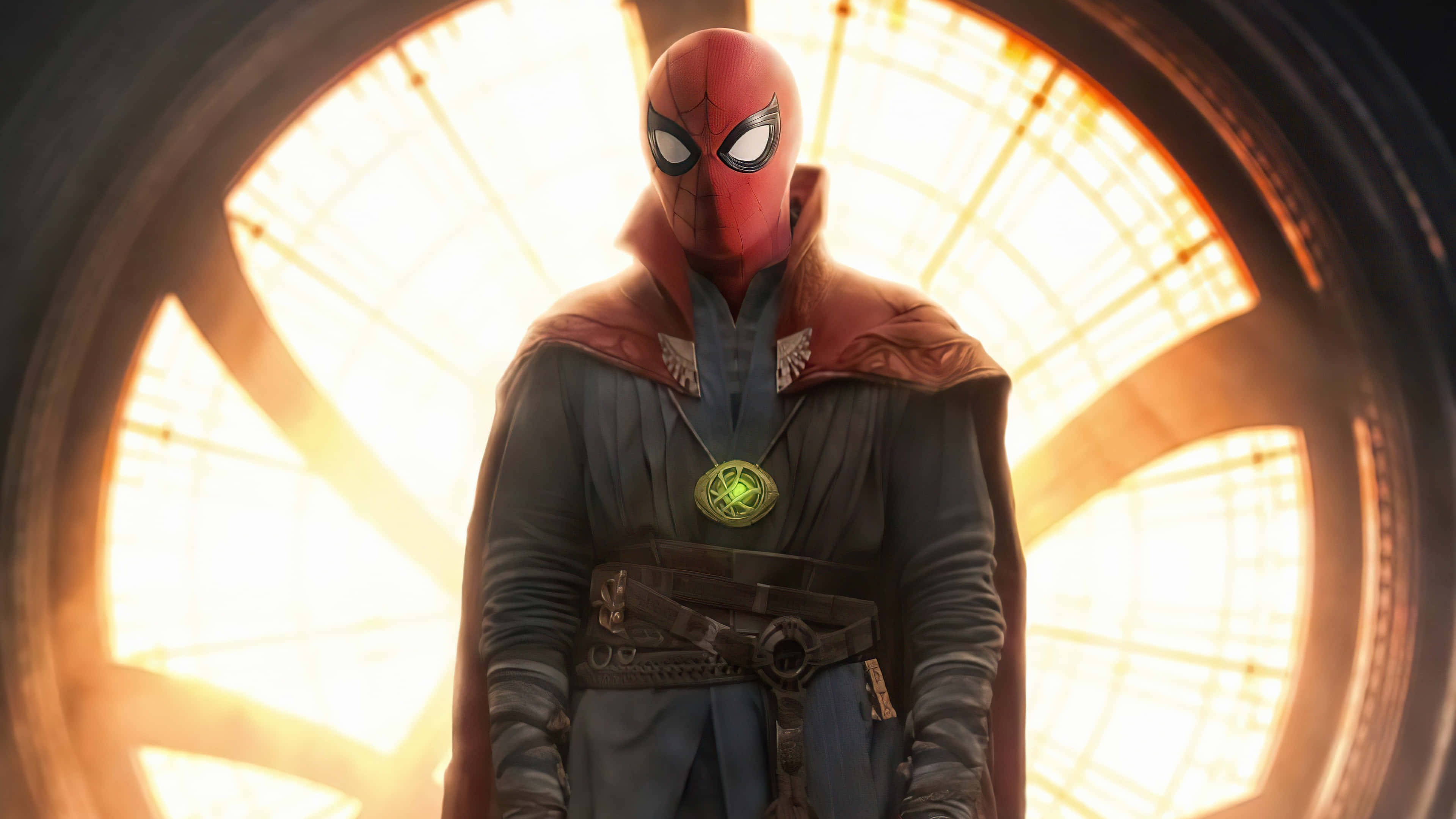 Doctor Strange Multiverse Of Madness 桌布 壁紙 — 蜘蛛人穿著深色長袍和神秘綠色護身符，站在發光的圓形門口。