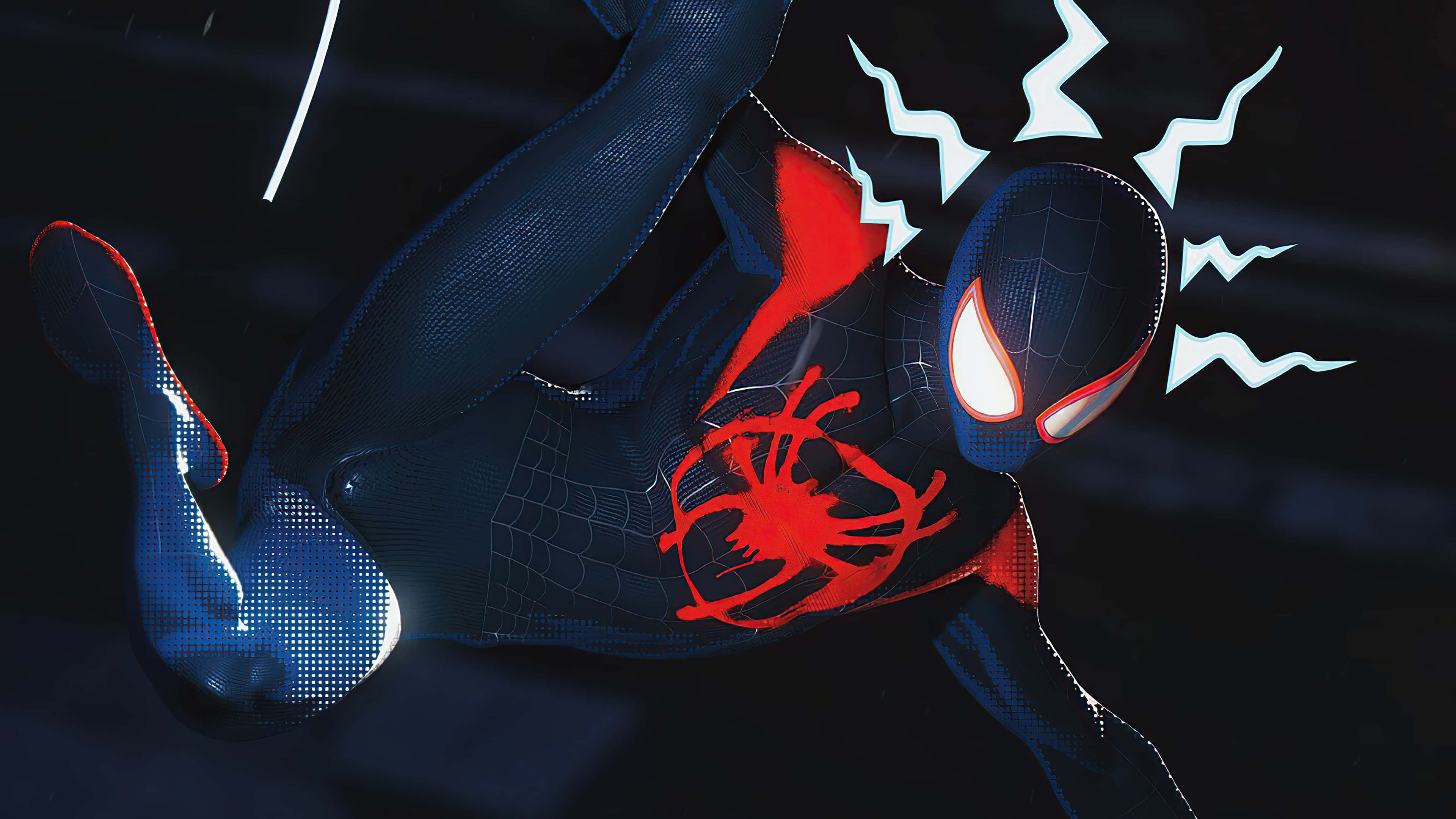 Spider-man Spider Sense 桌布 壁紙 — 蜘蛛人穿著深藍色戰衣，帶有發光的紅色蜘蛛標誌和白色眼睛，在黑色背景上動態擺盪，伴隨電光藍色能量爆發。