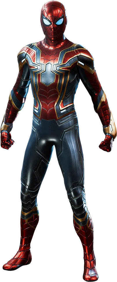 Iron Man Logo 桌布 壁紙 — 蜘蛛人穿著紅、金、藍色裝甲戰衣，站在黑色背景前的全身照。