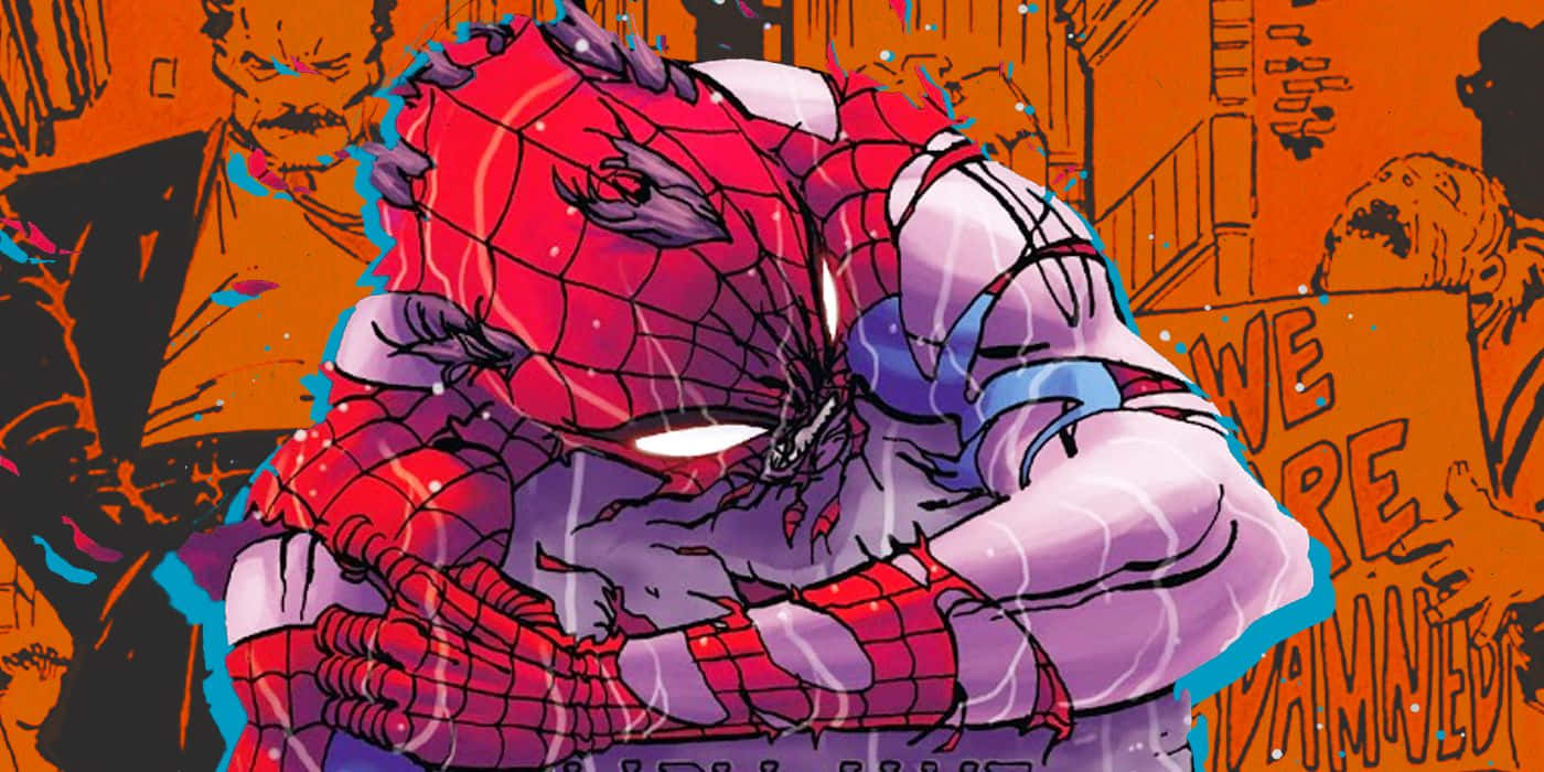 Spider-man Reign 桌布 壁紙 — 蜘蛛人穿著紅色和紫色戰衣，在混亂的橙色城市背景下緊緊擁抱自己，並帶有破損的文字。