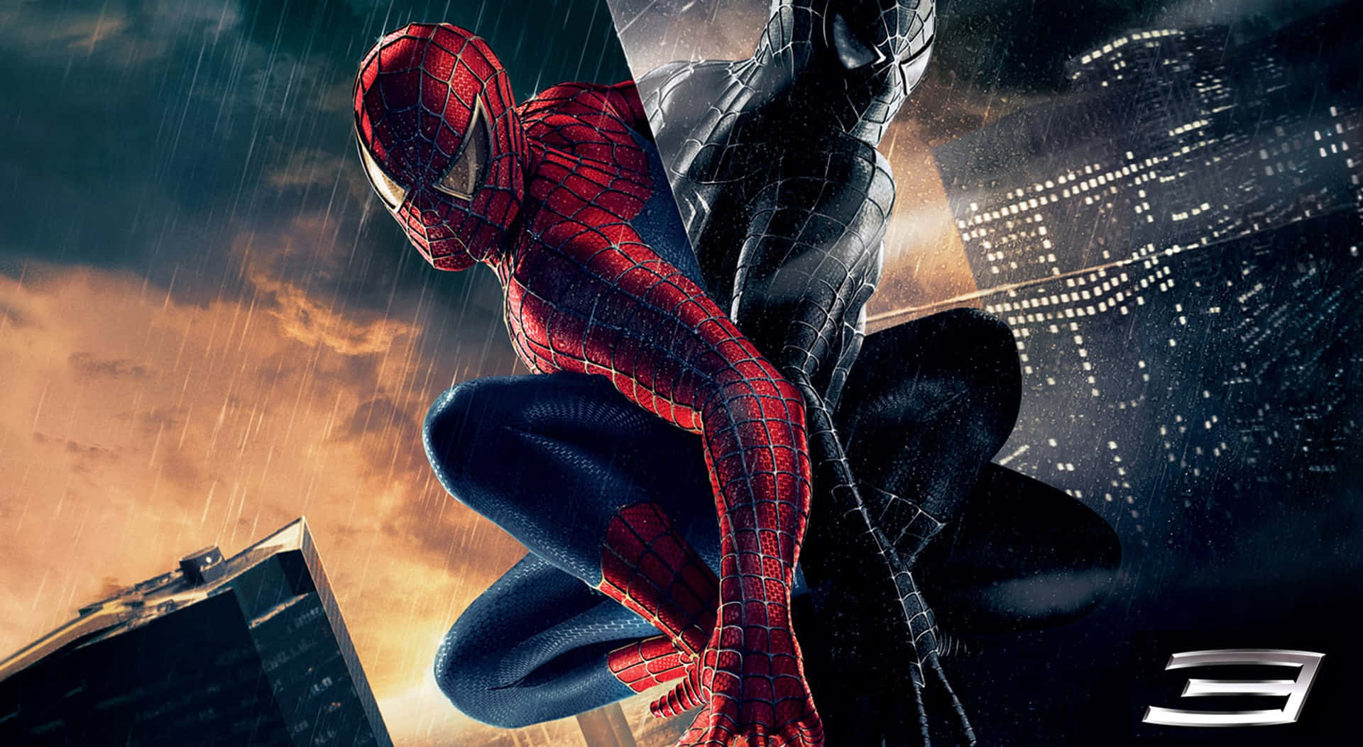 Spider Man 3 桌布 壁紙 — 蜘蛛人穿著紅色和黑色戰衣，在日落時分的雨中城市天際線前蹲伏。