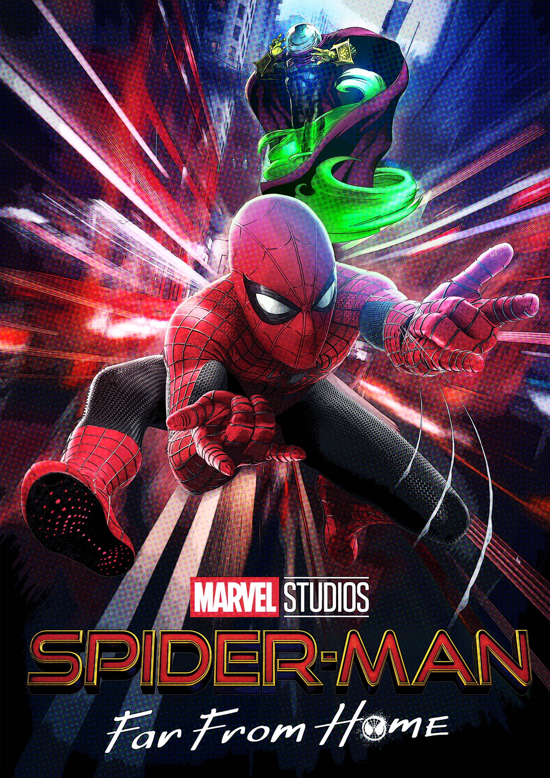 Spider Man Far From Home 桌布 壁紙 — 蜘蛛人穿著紅色戰衣，在模糊的城市背景下動態擺盪，綠色反派在上方若隱若現。
