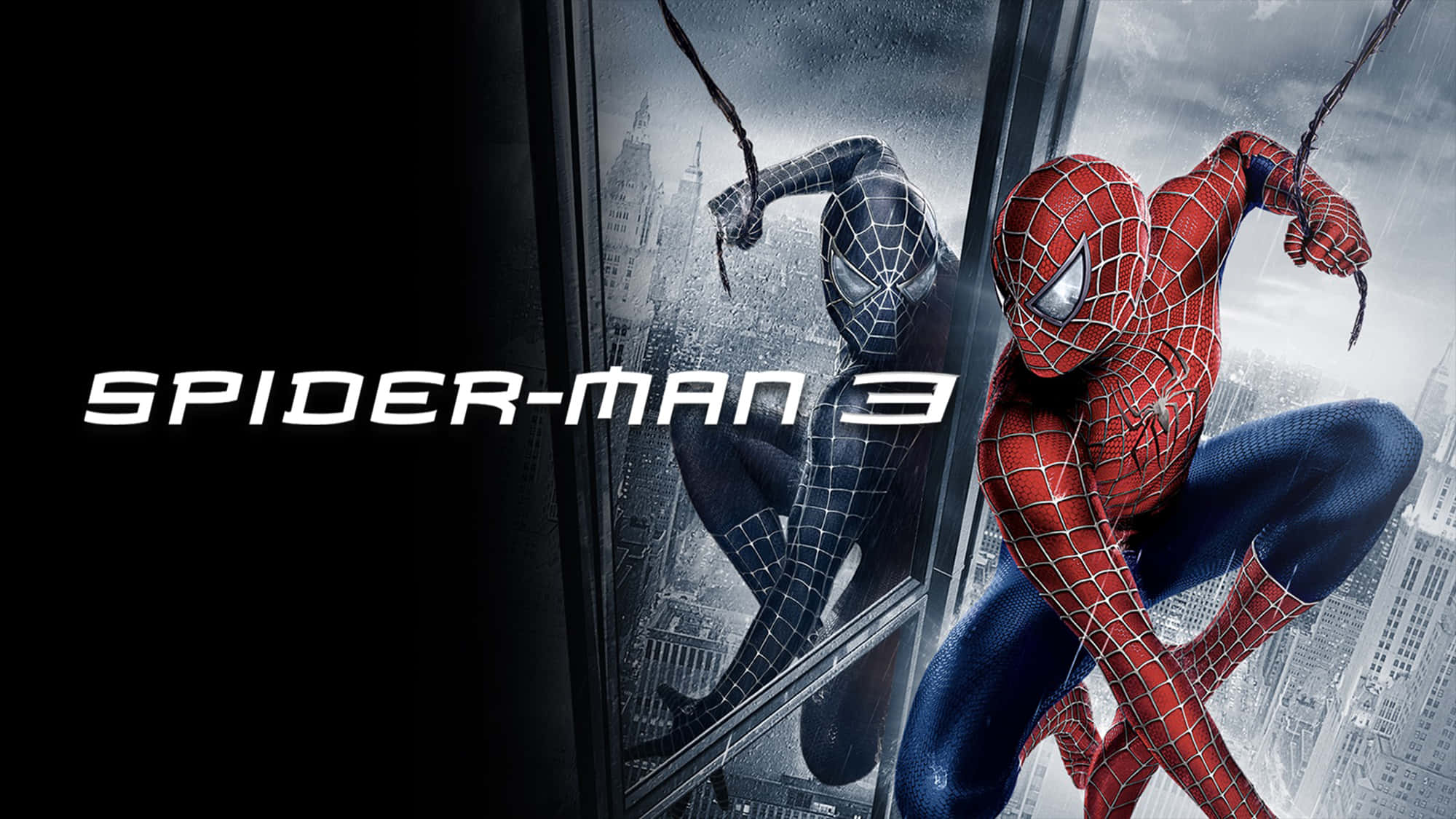Spider Man 3 桌布 壁紙 — 蜘蛛人穿著紅色戰衣，在雨中摩天大樓的城市景觀旁，與他的黑色戰衣倒影並肩擺盪。