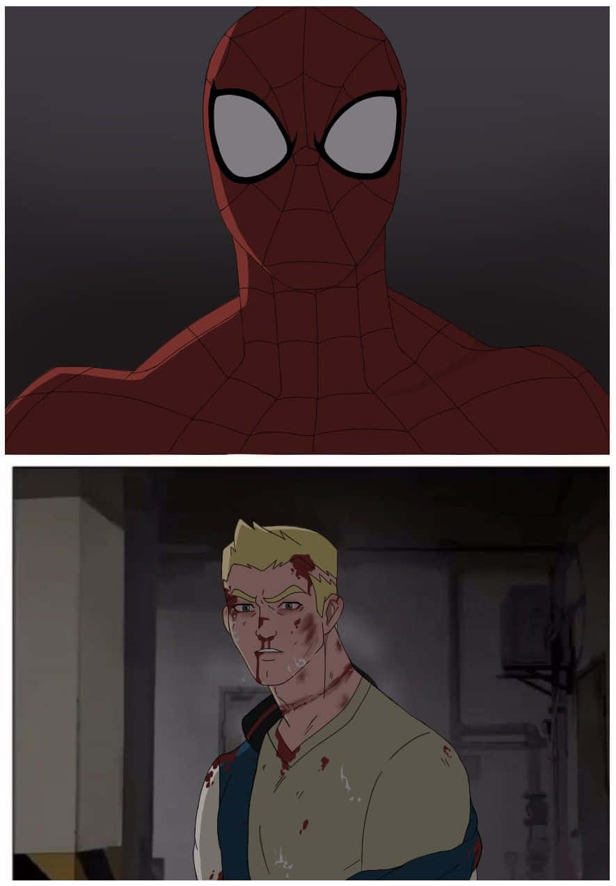 Flash Thompson 桌布 壁紙 — 蜘蛛人穿著紅色戰衣，在黑暗背景前，於骯髒小巷中一個血跡斑斑的金髮男子上方，凝視著對方。