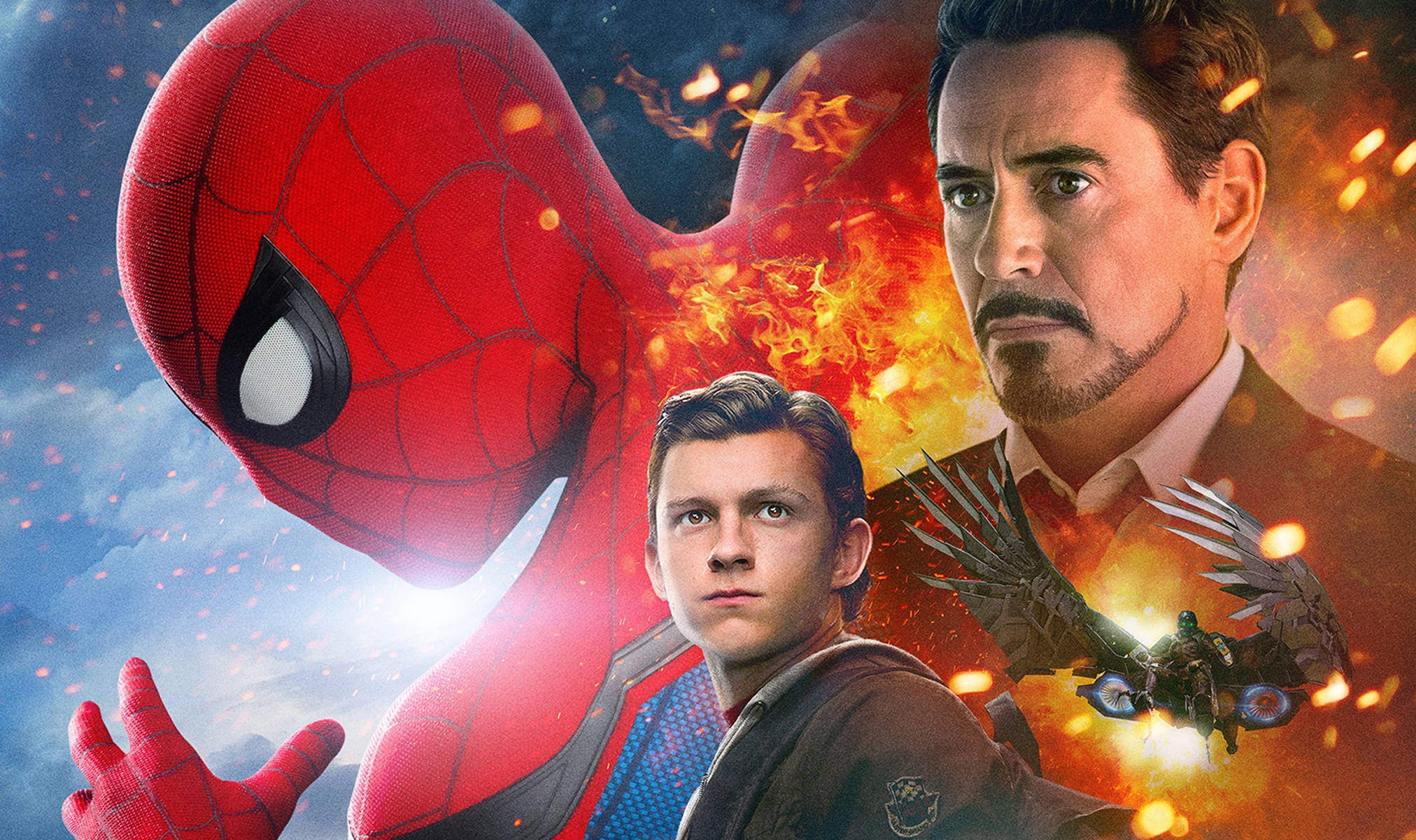 Peter Parker 桌布 壁紙 — 蜘蛛人穿著紅色戰衣，與東尼史塔克和彼得帕克在戲劇性的電影構圖中，英勇地對抗熾熱的爆炸。