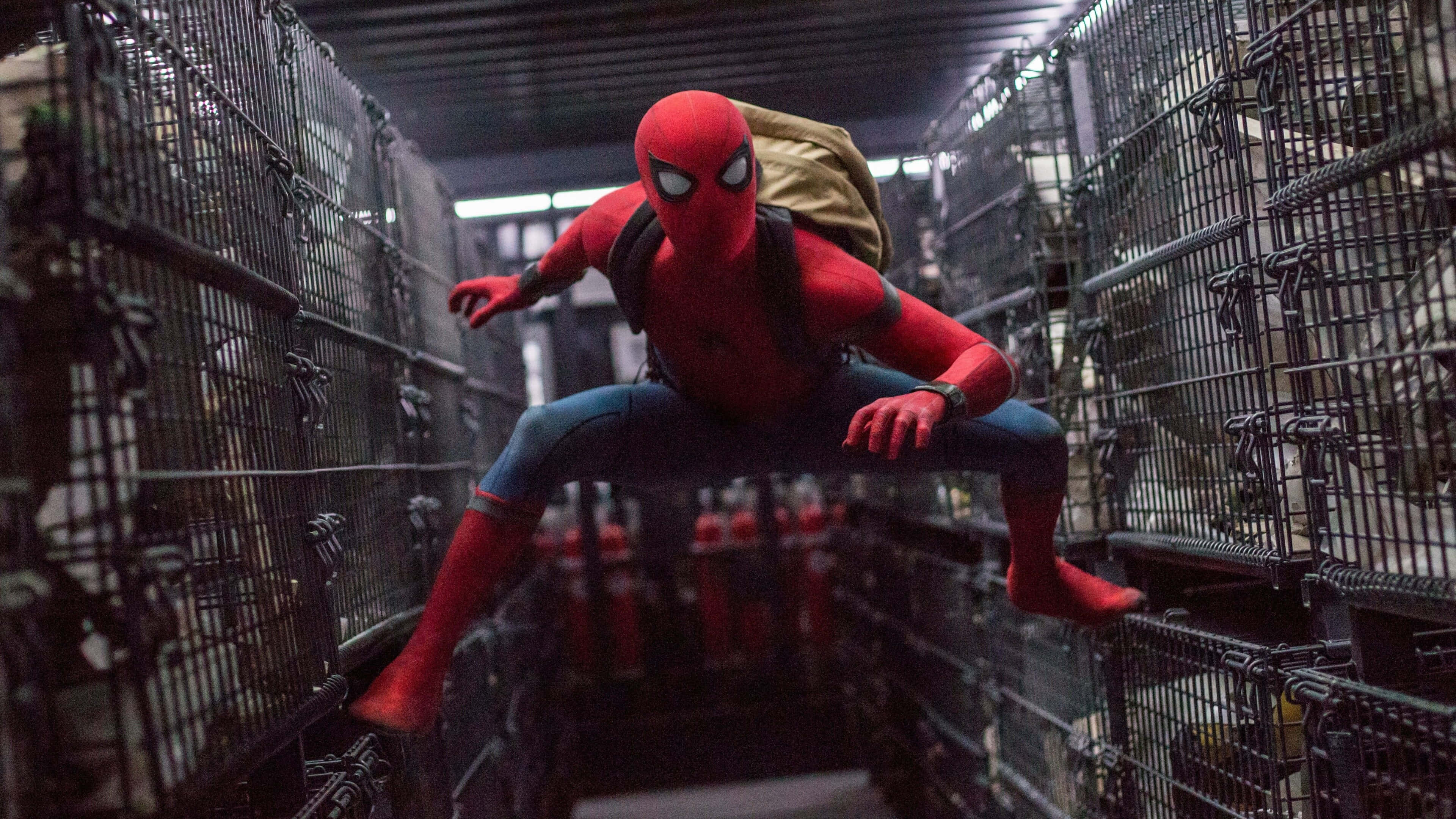 4K Marvel 壁紙 桌布 壁紙 — 蜘蛛人穿著紅色戰衣在昏暗的倉庫中於一排排金屬購物車之間跳躍。