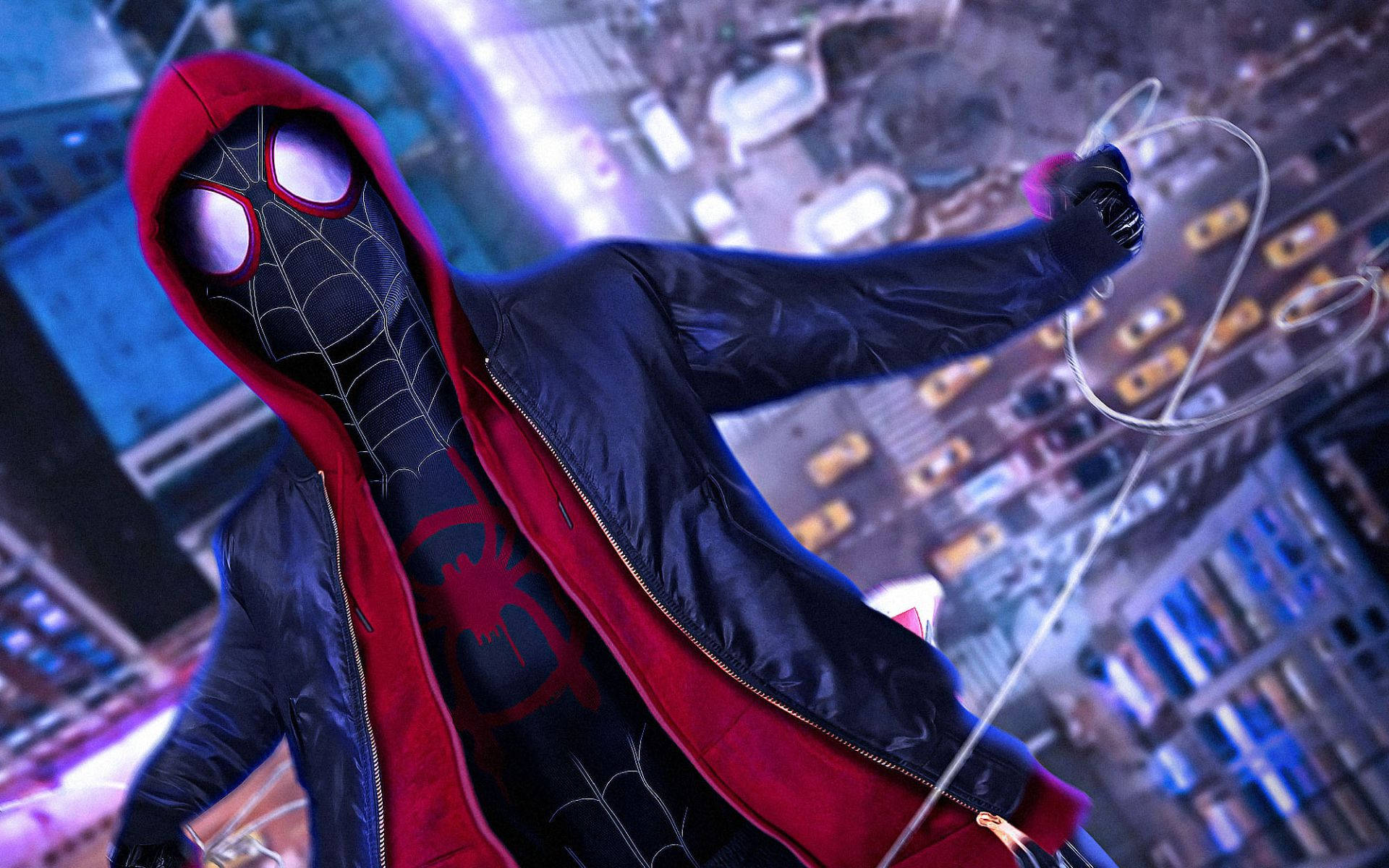 Into The Spider Verse 桌布 壁紙 — 蜘蛛人穿著紅色連帽套裝，在夜晚霓虹燈照亮的城市街道上擺盪，帶有發光的蛛網線條。