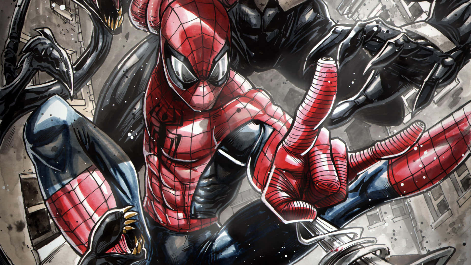 Spider Man Comic 桌布 壁紙 — 蜘蛛人穿著紅藍戰衣，以充滿動感動作線條的 gritty 都市漫畫風格與猛毒戰鬥。