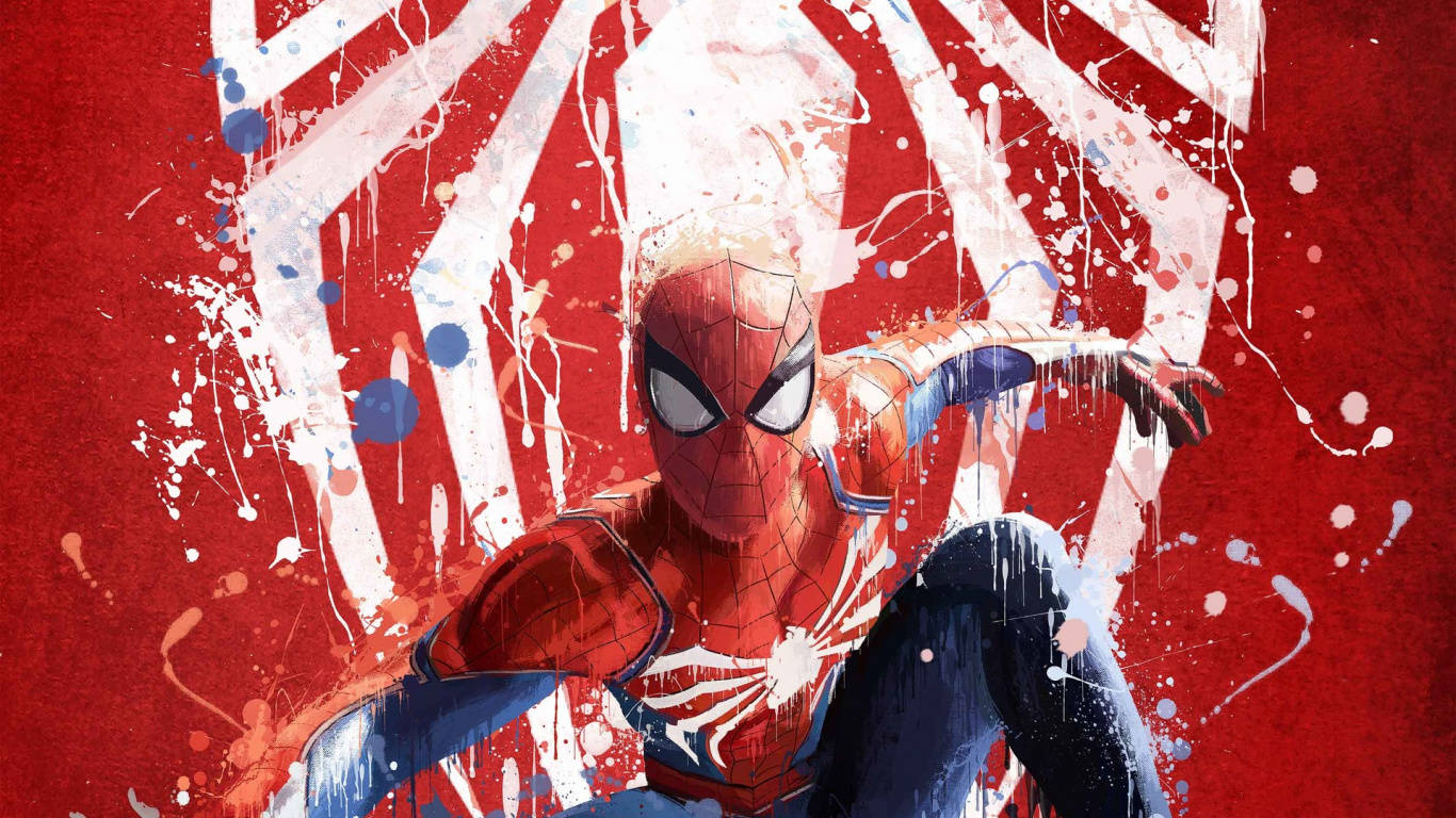 Spiderman 1366x768 桌布 壁紙 — 蜘蛛人穿著紅藍戰衣，在充滿白色和藍色油漆飛濺的鮮紅色背景前動態蹲伏。