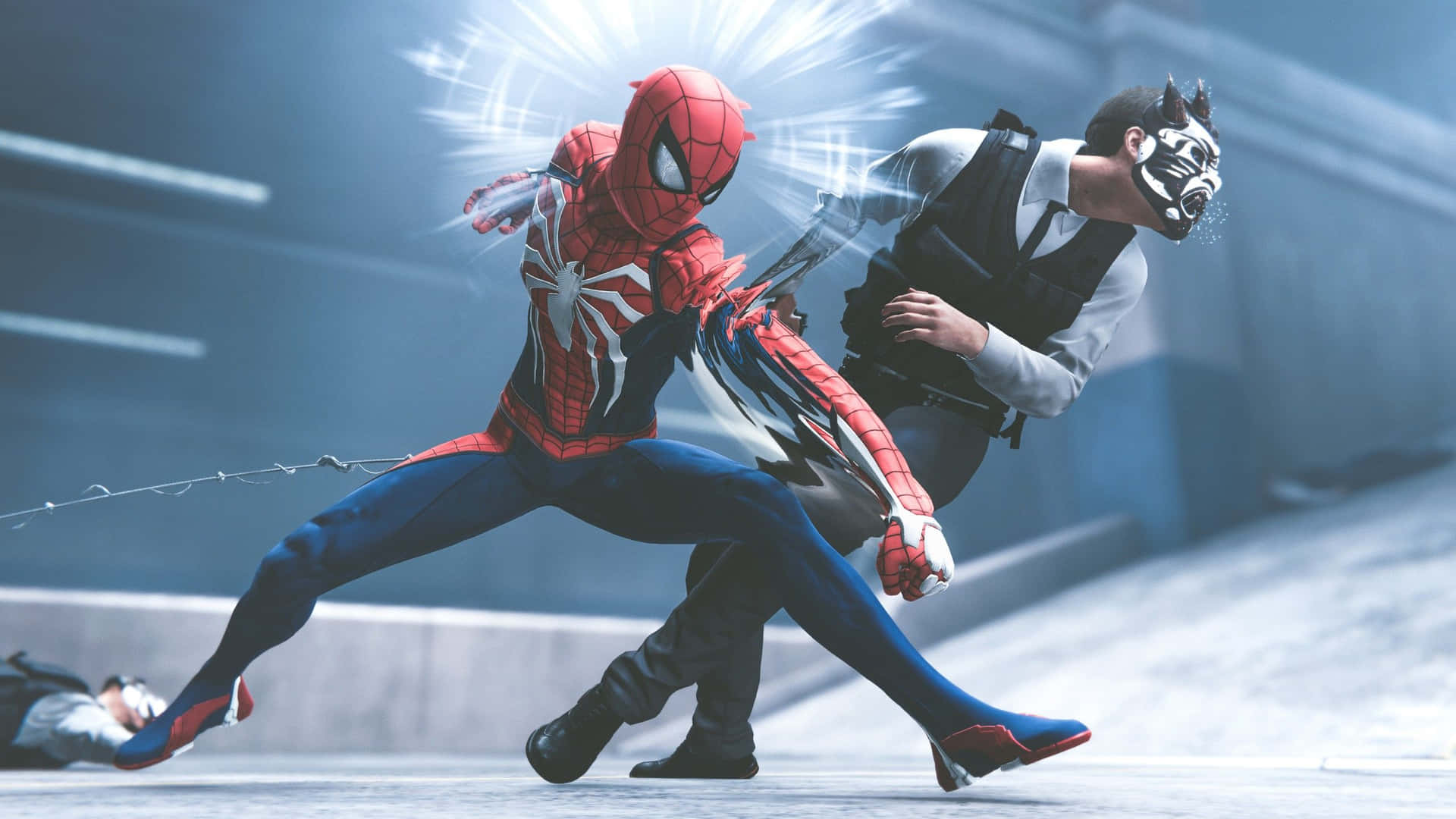 蜘蛛人在城市屋頂上與蒙面反派戰鬥。 — Ps4 壁紙