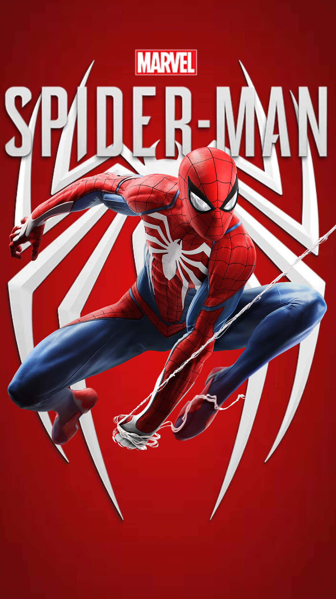 Spider Man Ps4 Logo 桌布 壁紙 — 蜘蛛人穿著紅藍戰衣，在帶有白色蜘蛛網圖案的鮮紅色背景上動態擺盪。