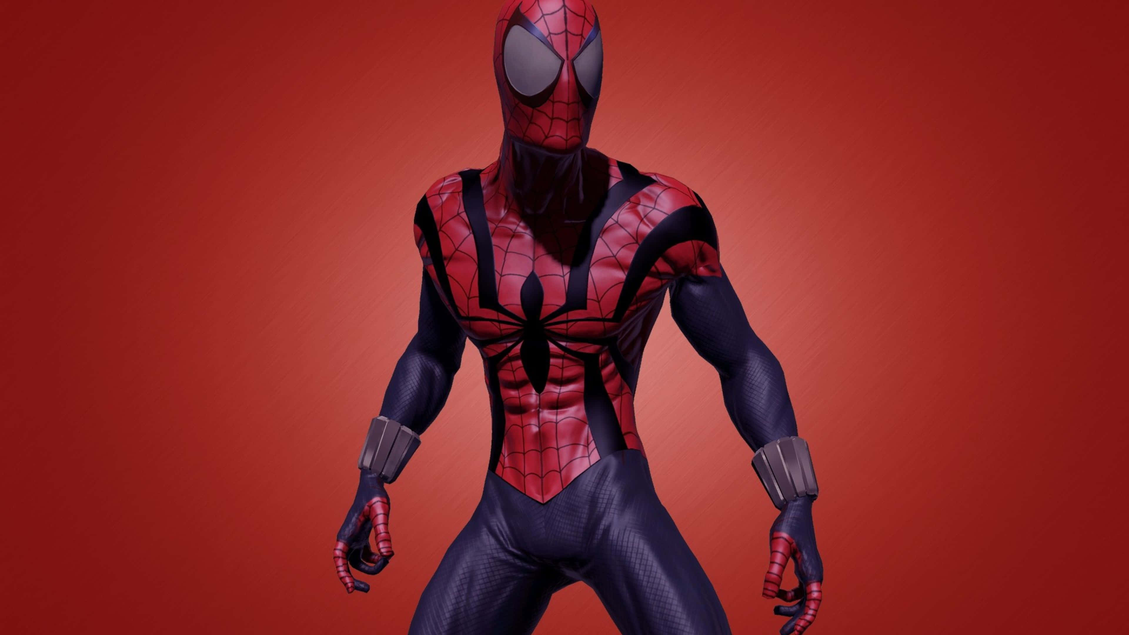 4K Marvel 壁紙 桌布 壁紙 — 蜘蛛人穿著紅藍戰衣，在帶有蜘蛛網圖案的紅色漸變背景前擺出姿勢。