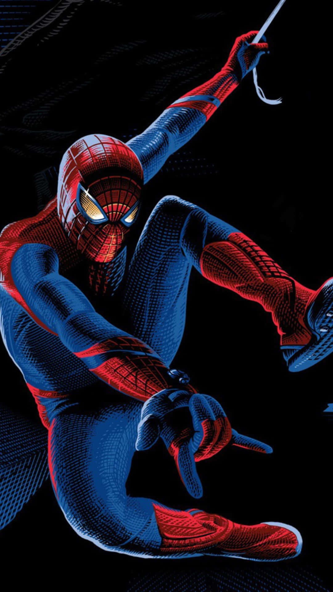 Amazing Spider Man iPhone 桌布 壁紙 — 蜘蛛人穿著紅藍戰衣，在深色紋理背景上動態擺盪，雙眼發光。