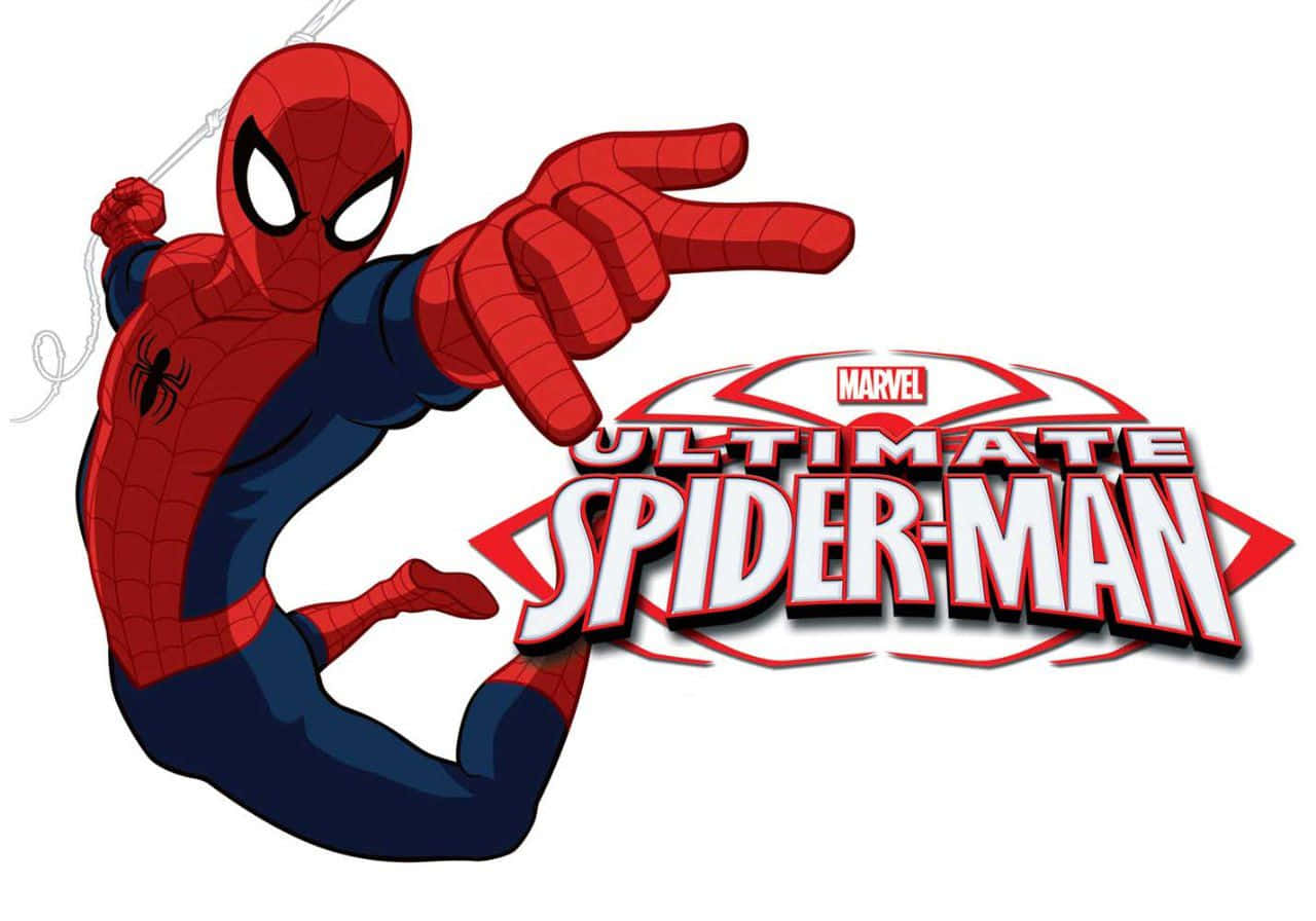 Ultimate Spider-man 桌布 壁紙 — 蜘蛛人穿著紅藍戰衣，在白色背景上以蛛絲和平手勢動態擺盪，並帶有Ultimate Spider-Man標誌。