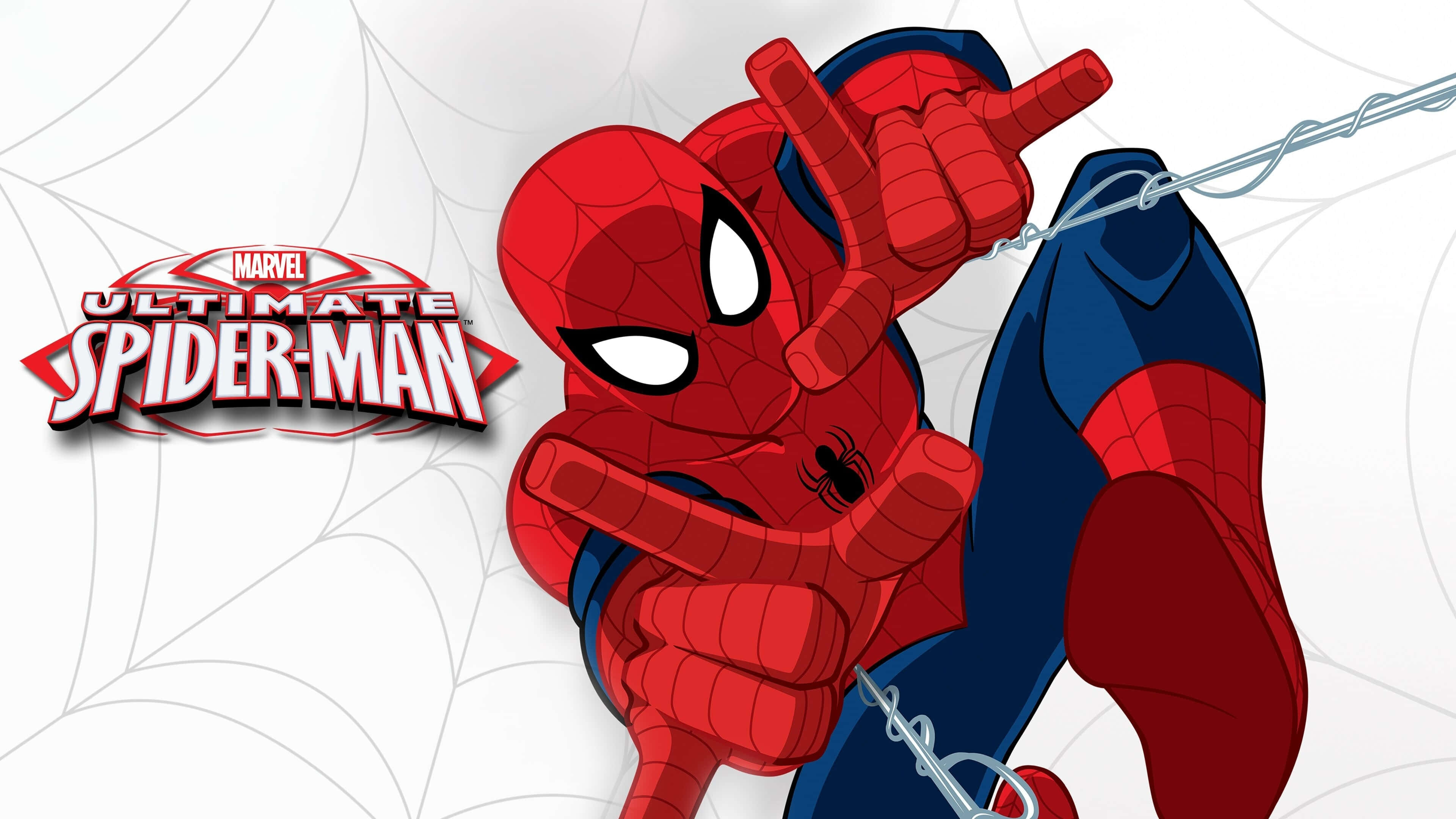 Ultimate Spider-man 桌布 壁紙 — 蜘蛛人穿著紅藍戰衣，在白色蜘蛛網背景上以蜘蛛絲擺盪，並帶有Marvel Ultimate Spider-Man標誌。