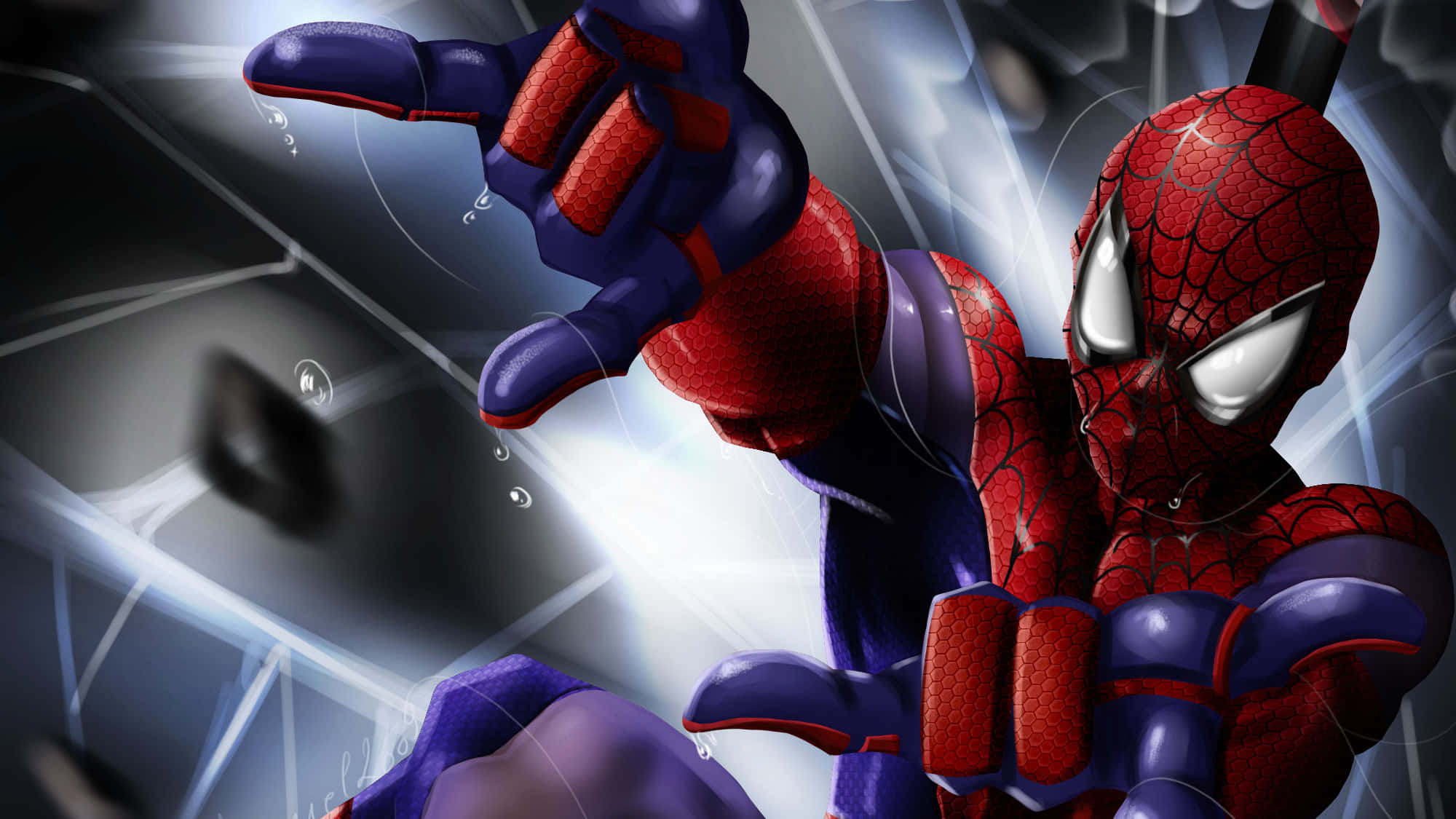 Ultimate Spider-man 桌布 壁紙 — 蜘蛛人穿著紅藍戰衣，在破碎玻璃背景和發光效果中動態擺出動作姿勢。