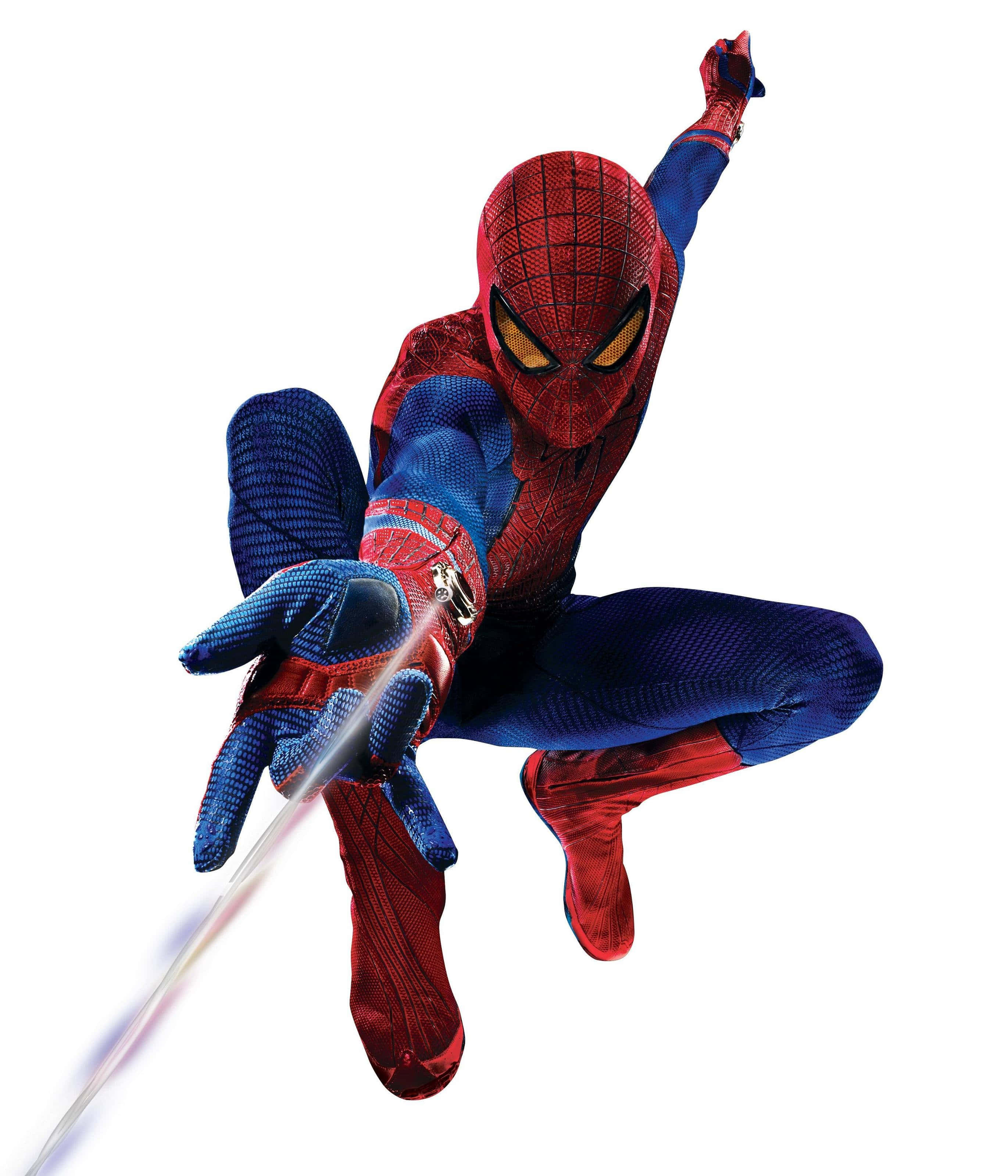 Web-slinging 桌布 壁紙 — 蜘蛛人穿著紅藍戰衣，在純白背景上動態擺盪，身後拖著蛛絲。