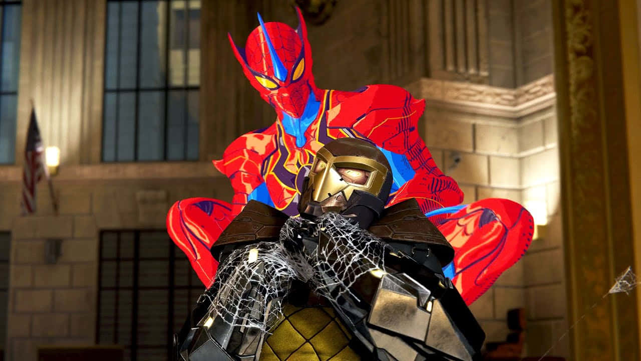 Arachnid 桌布 壁紙 — 蜘蛛人穿著紅藍戰衣，在華麗的石廳中與裝甲反派搏鬥。