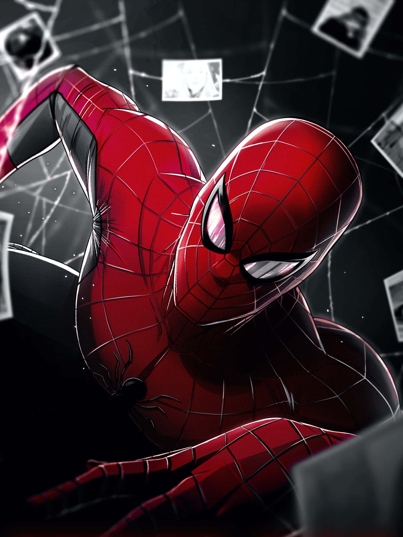 Ultimate Spider-man 桌布 壁紙 — 蜘蛛人穿著紅藍戰衣，在黑暗背景中動態蹲伏，周圍有漂浮的照片和蛛網線條。