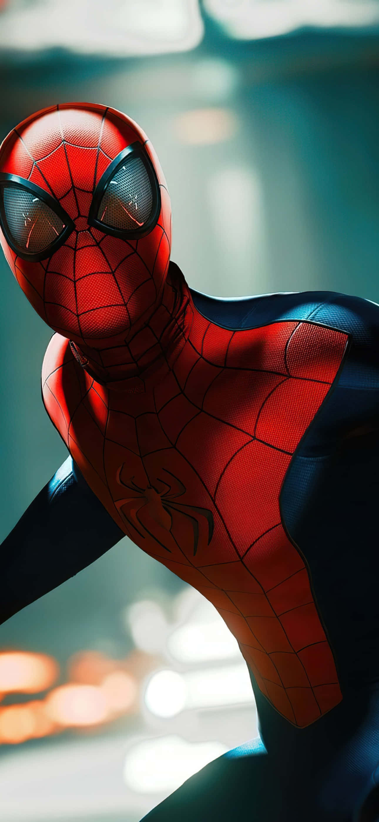 Amazing Spider Man iPhone 桌布 壁紙 — 蜘蛛人穿著紅藍戰衣，帶有蜘蛛網圖案和蜘蛛標誌，在模糊的城市背景下表情強烈的特寫。