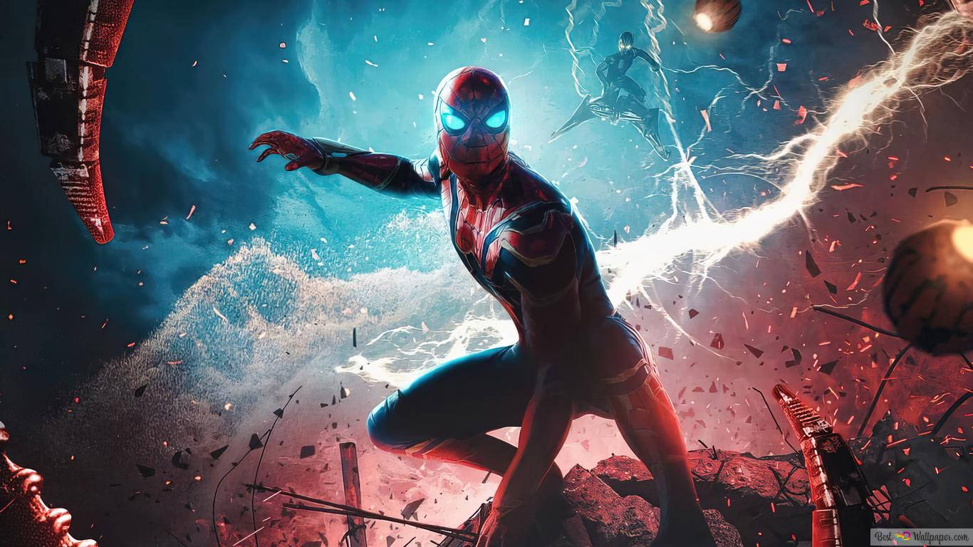 Spiderman 1366x768 桌布 壁紙 — 蜘蛛人穿著紅藍戰衣，閃爍著眼睛，穿過破碎的碎片跳躍，周圍閃電擊中。