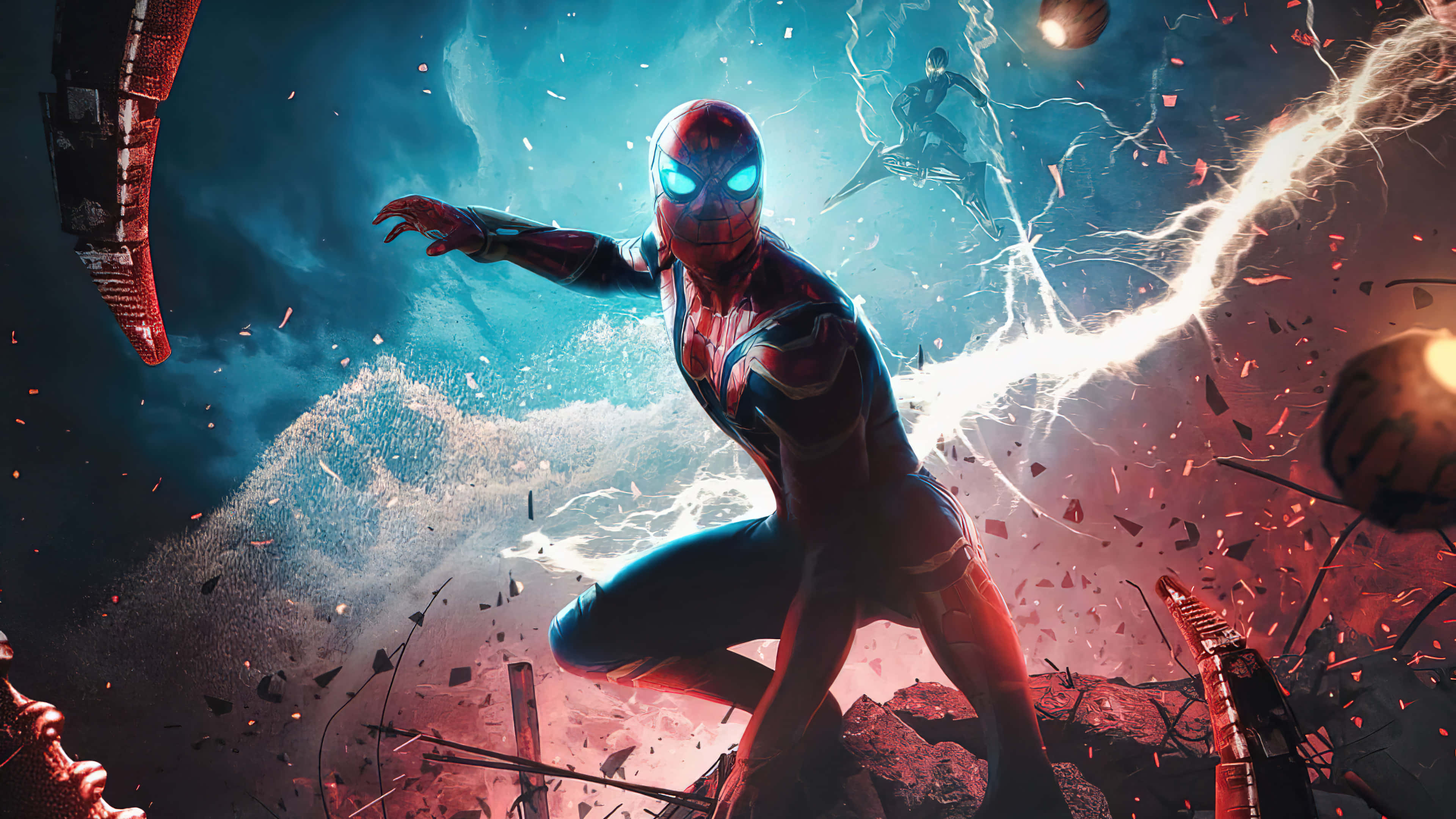 Spider Man No Way Home 桌布 壁紙 — 蜘蛛人穿著紅藍戰衣，閃爍著眼睛，穿過破碎的碎片跳躍，周圍閃電交加。