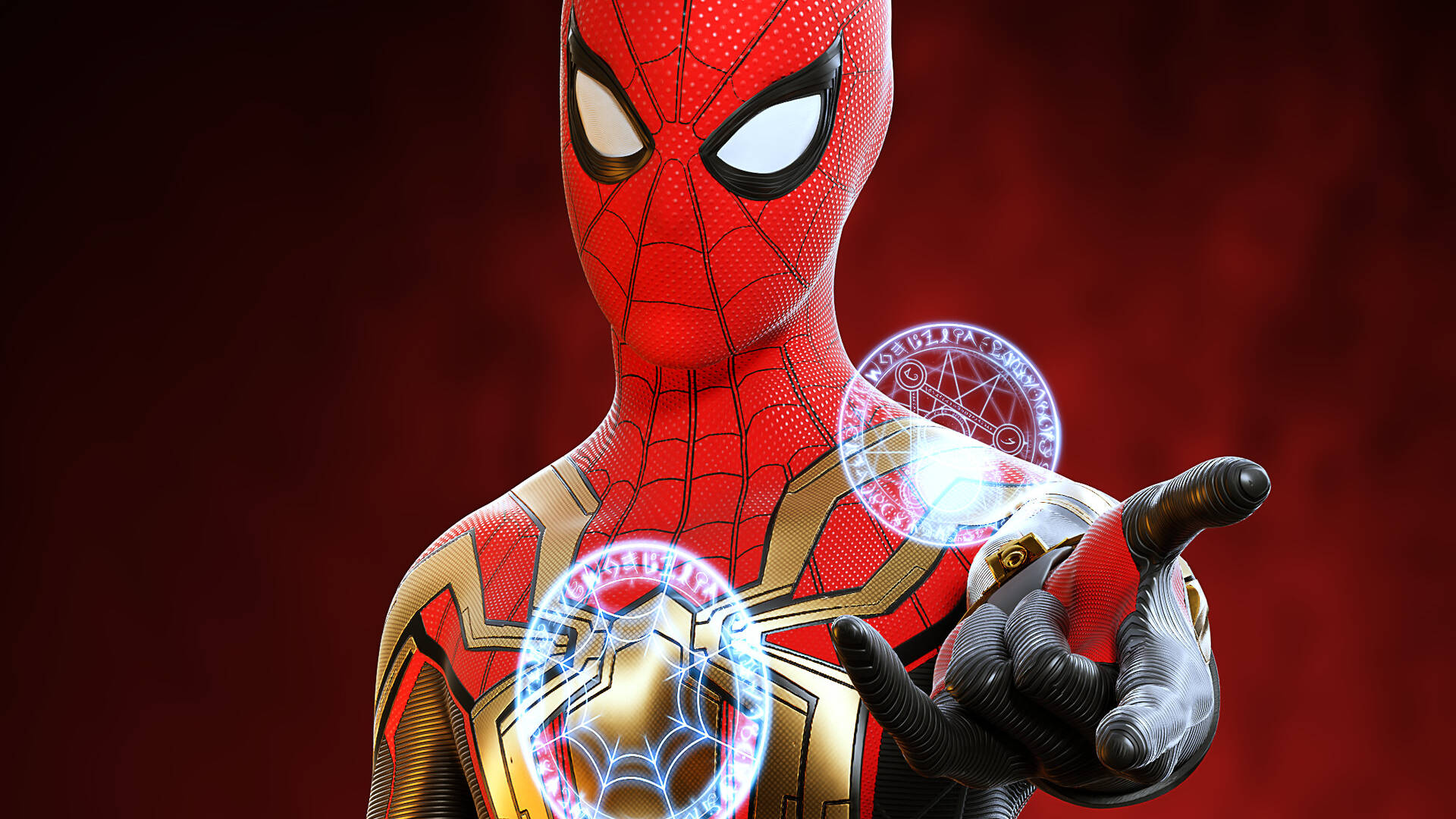 Spider Man No Way Home 桌布 壁紙 — 蜘蛛人穿著紅金戰衣，在深紅色背景前手持發光的神秘符號。