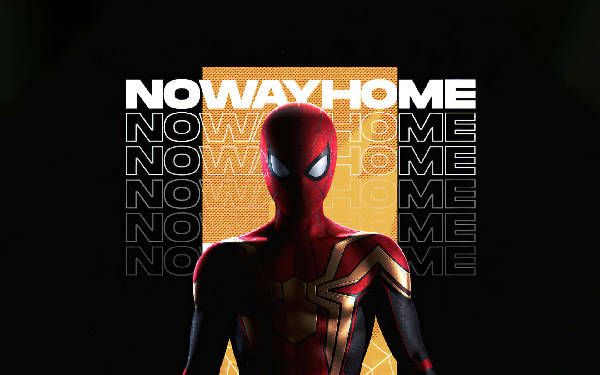 Spider Man No Way Home 桌布 壁紙 — 蜘蛛人穿著紅金戰衣，站在黑色背景前，背景重複出現白色和黃色的「NOWAYHOME」文字。
