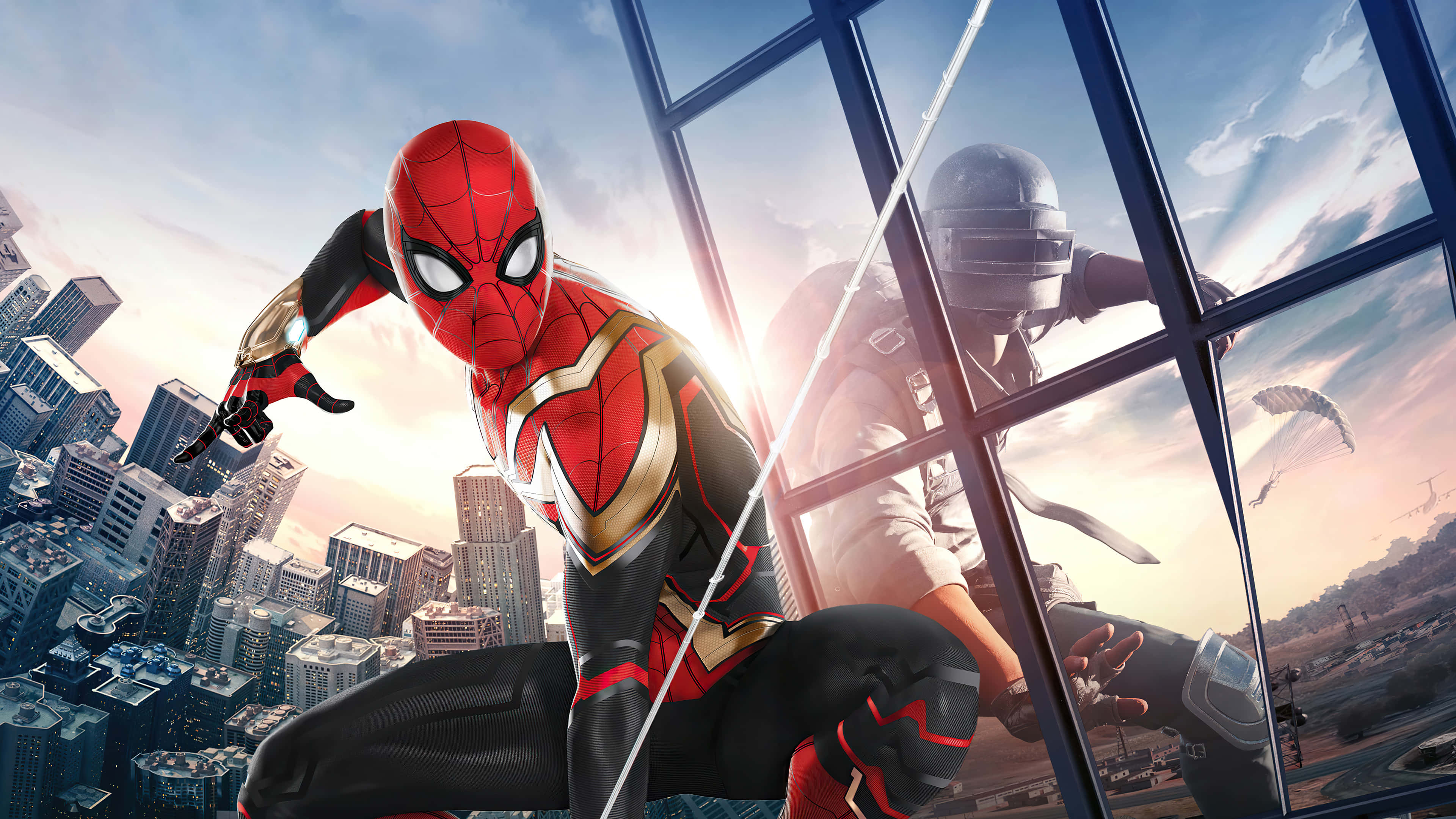 Spider Man No Way Home 桌布 壁紙 — 蜘蛛人穿著紅金色戰衣穿梭城市天際，一名蒙面人物從窗戶觀望。