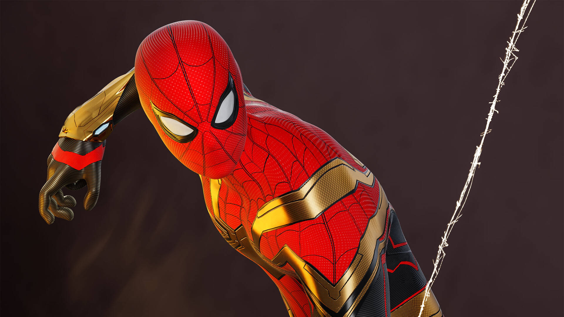 Spider Man No Way Home 桌布 壁紙 — 蜘蛛人穿著紅金黑色戰衣，在黑暗背景下動態蹲伏，蛛絲線拖曳。