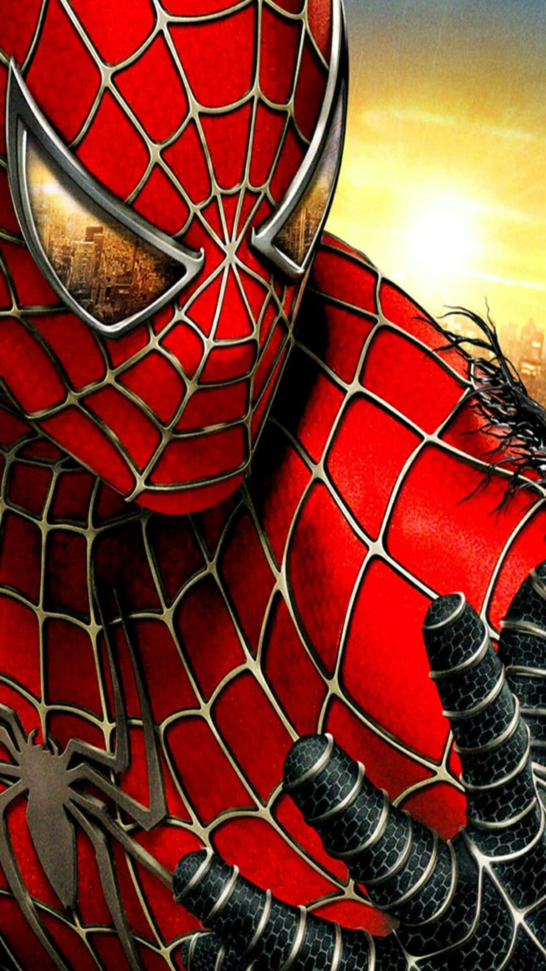 Spider Man Cool 桌布 壁紙 — 蜘蛛人穿著紅銀戰衣的特寫，面具反射城市天際線，背景是金色夕陽天空。