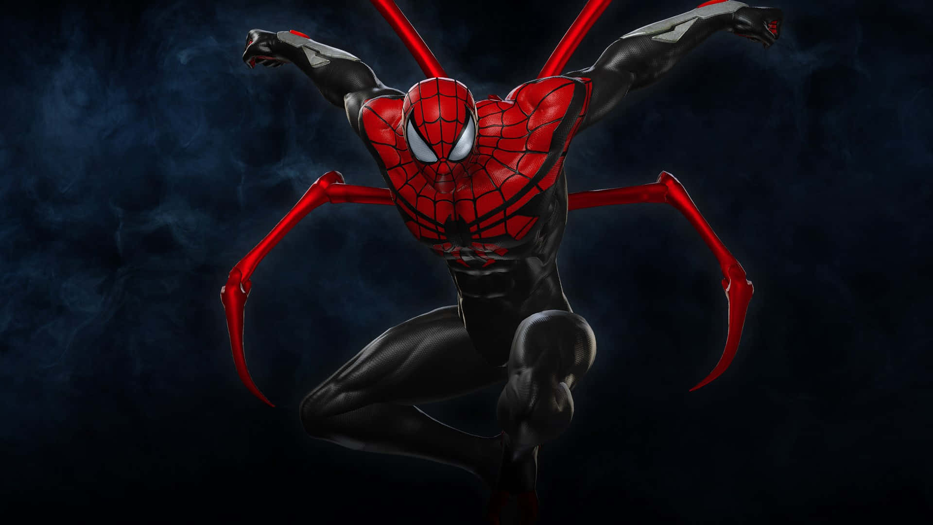 Superior Spider-man 桌布 壁紙 — 蜘蛛人穿著紅黑戰衣，伸出紅色蛛網發射器，在黑暗煙霧背景前動感擺姿勢。