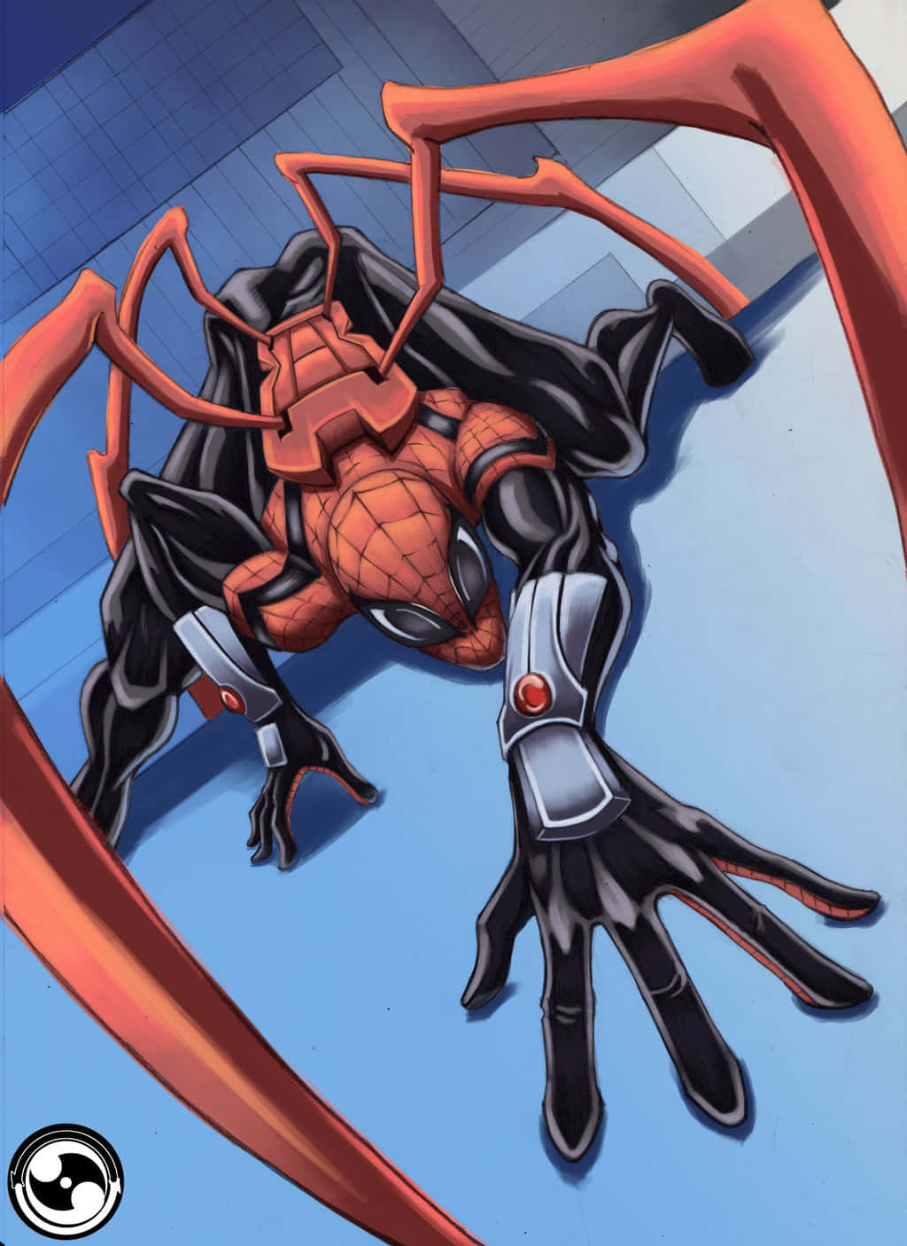 Superior Spider-man 桌布 壁紙 — 蜘蛛人穿著紅黑戰衣，動態地蹲在帶有橙色蛛網的藍色瓷磚牆前。