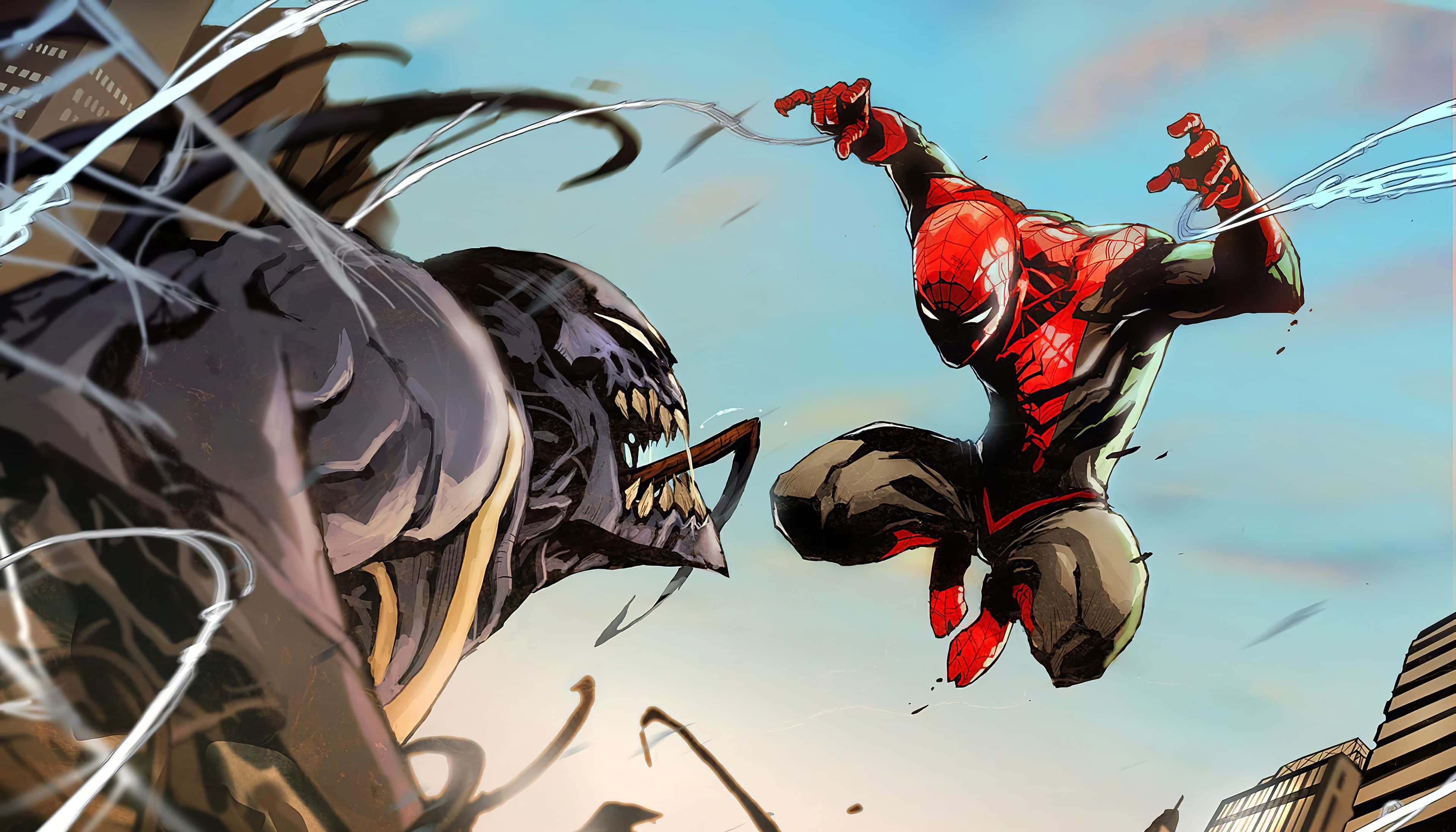 Spider Man Comic 桌布 壁紙 — 蜘蛛人穿著紅黑戰衣，在明亮的天空下，於破碎的玻璃和城市建築物之間向猛毒擺盪。