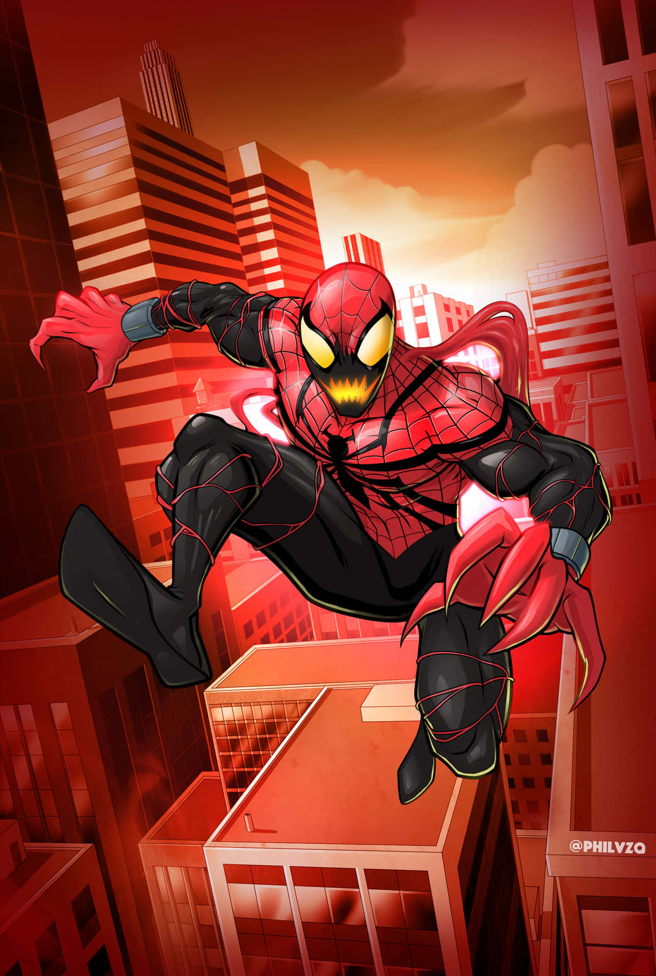 Spider Carnage 桌布 壁紙 — 蜘蛛人穿著紅黑戰衣，在沐浴著熾熱日落色調的城市景觀中動態擺盪。