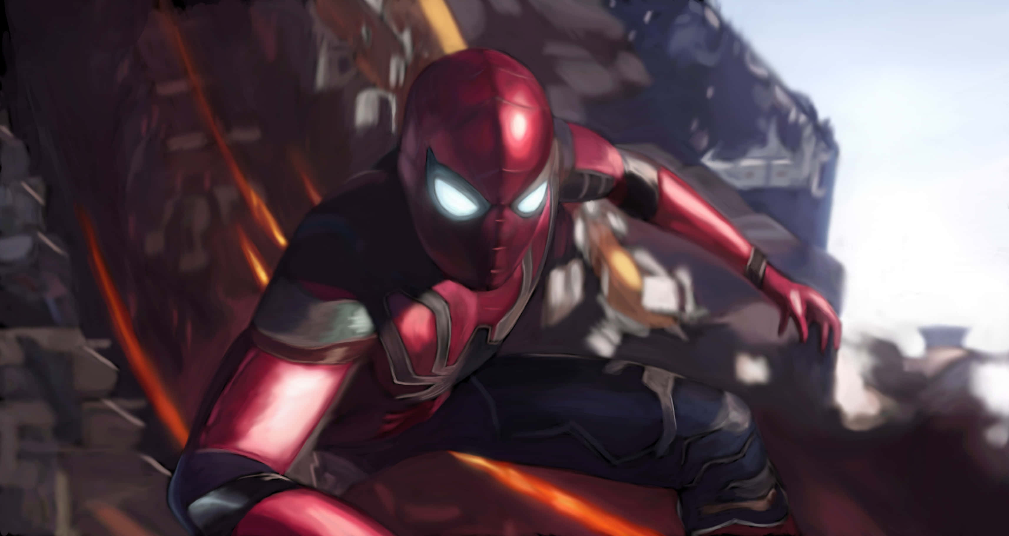 infinity war 桌布 壁紙 — 蜘蛛人穿著紅黑戰衣，在熾熱的瓦礫中蹲下，眼睛發光，帶有動態模糊效果。