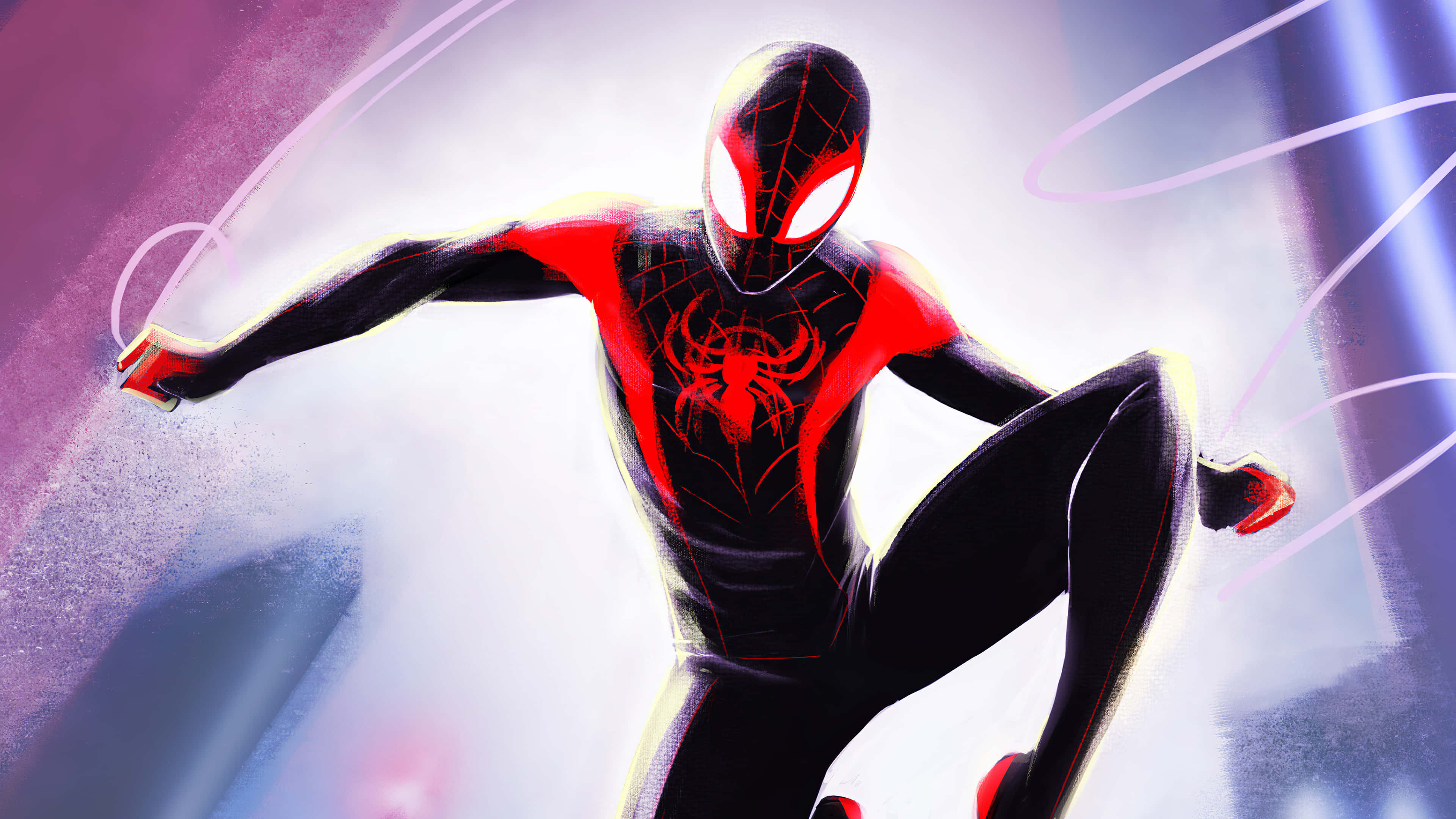 Ultimate Spider-man 桌布 壁紙 — 蜘蛛人穿著紅黑戰衣，在發光的紫色和白色抽象背景前動態蹲伏。