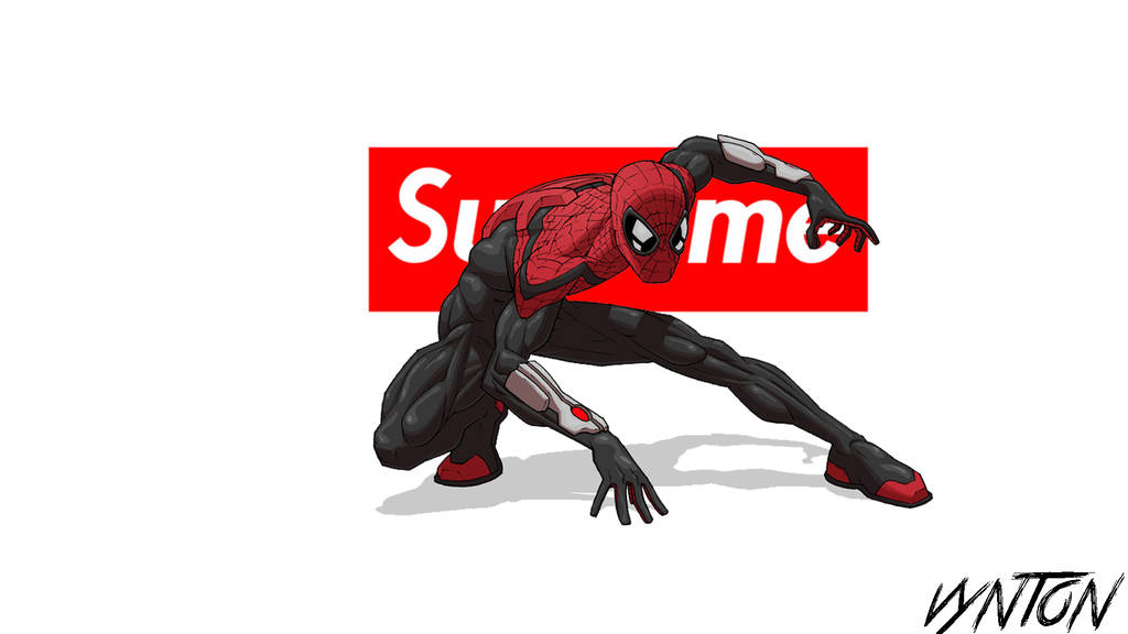 superhero supreme 桌布 壁紙 — 蜘蛛人穿著紅黑戰衣，在白色背景上的紅色Supreme標誌後方動態蹲伏。