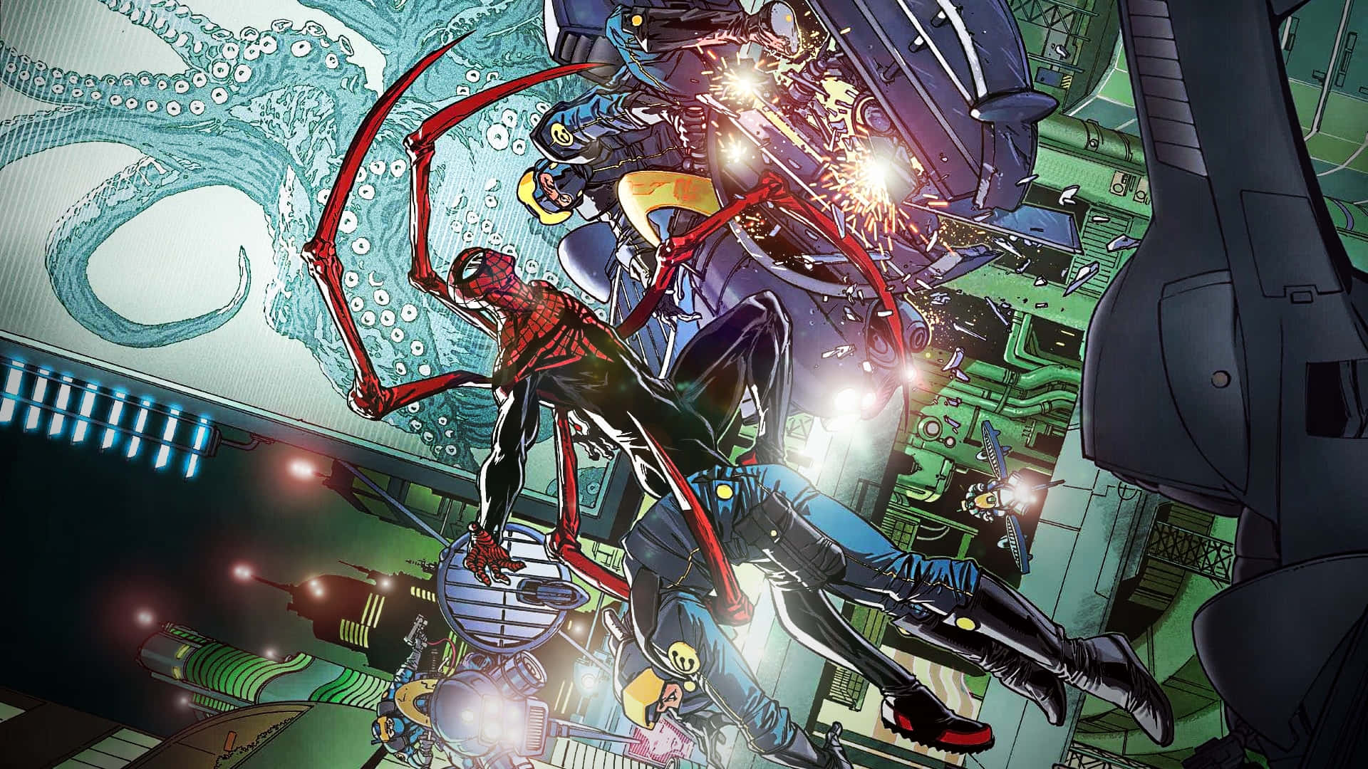 Superior Spider-man 桌布 壁紙 — 蜘蛛人穿著紅黑戰衣，在霓虹燈照亮的工業城市景觀中擺盪，對抗巨型機械敵人。