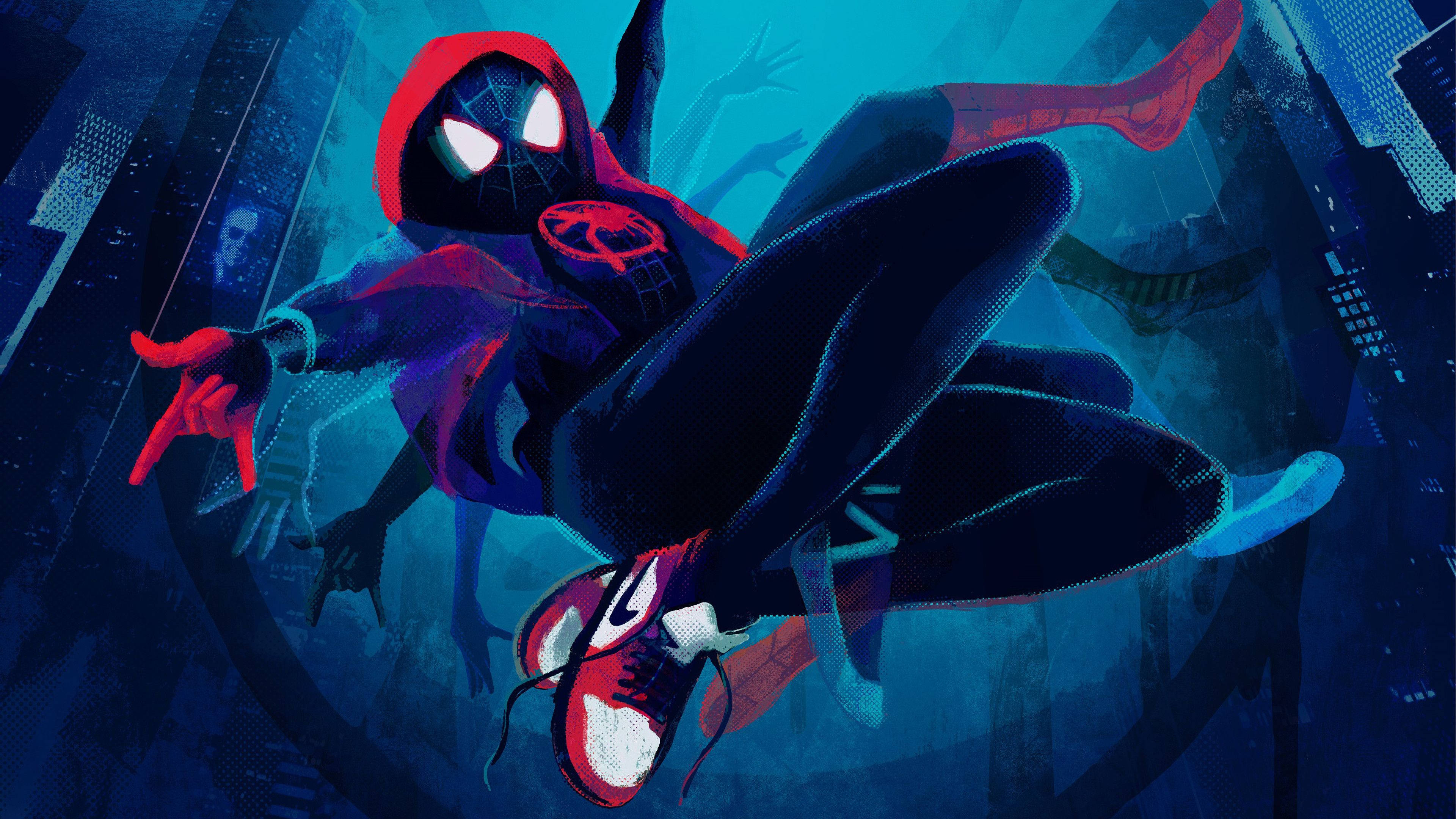 Into The Spider Verse 桌布 壁紙 — 蜘蛛人穿著紅黑戰衣，在霓虹燈照亮的夜景城市中動態擺盪，雙眼發光，帶有動態模糊效果。