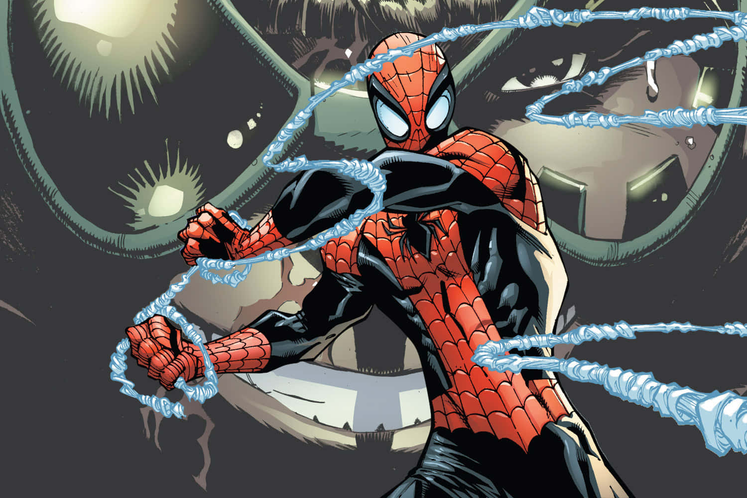 Superior Spider-man 桌布 壁紙 — 蜘蛛人穿著紅黑戰衣，在黑暗 gritty 的城市背景下，以發光的眼睛射出蛛絲。