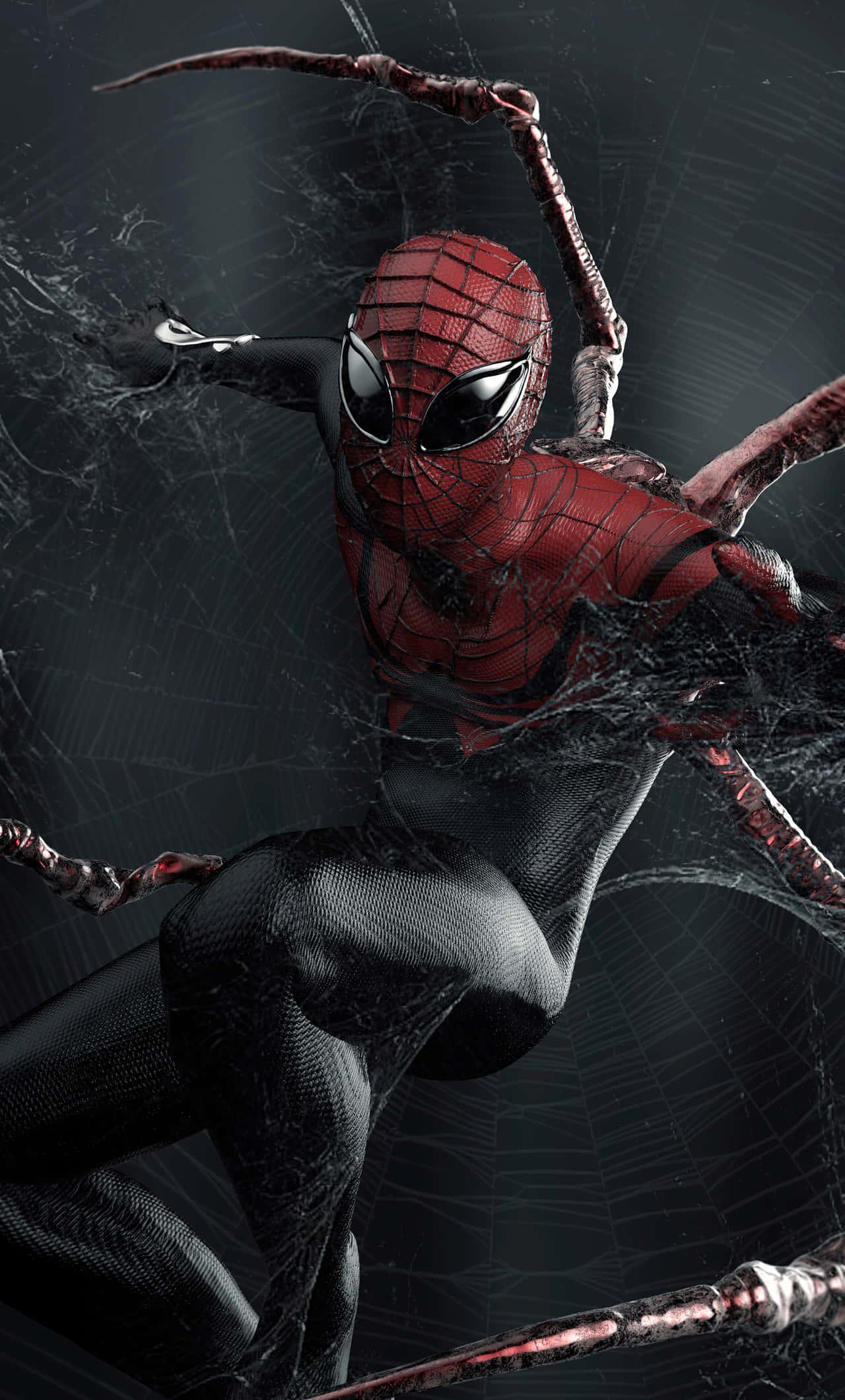 Superior Spider-man 桌布 壁紙 — 蜘蛛人穿著紅黑戰衣，在黑暗的蛛網環境中動態擺盪，眼睛發光，蛛絲飄揚。