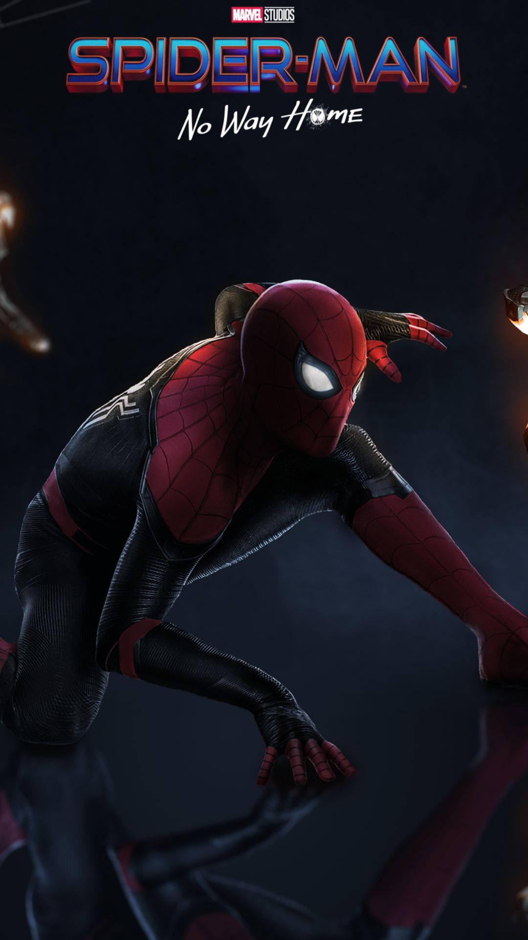 Spider Man No Way Home 桌布 壁紙 — 蜘蛛人穿著紅黑戰衣，在黑暗背景上動態蹲伏，眼睛發光，上方有電影標題。